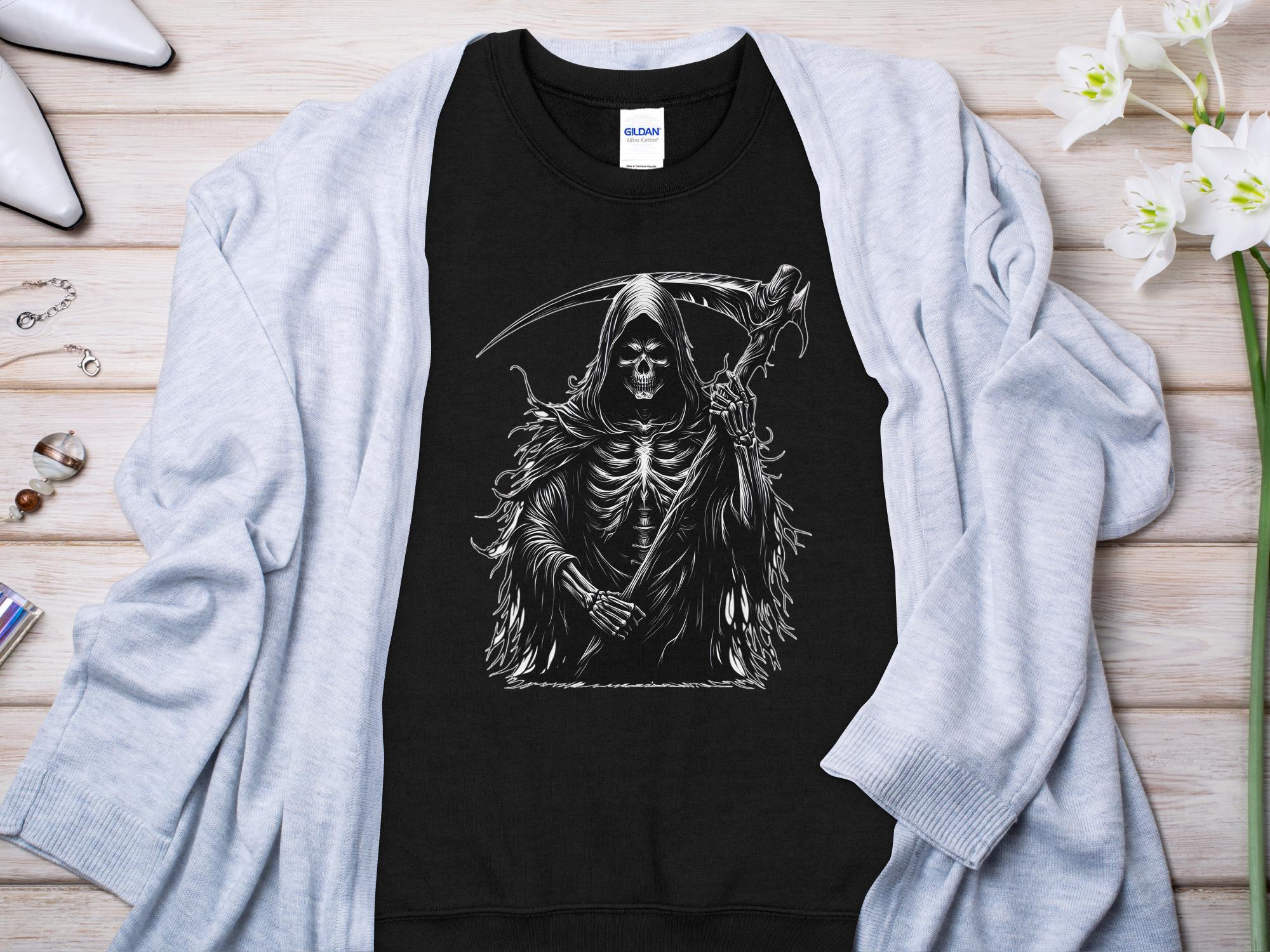 Grim Reaper - Black White Gildan Sweatshirt Commemorative Talisman Unisex Tee Graphic Design