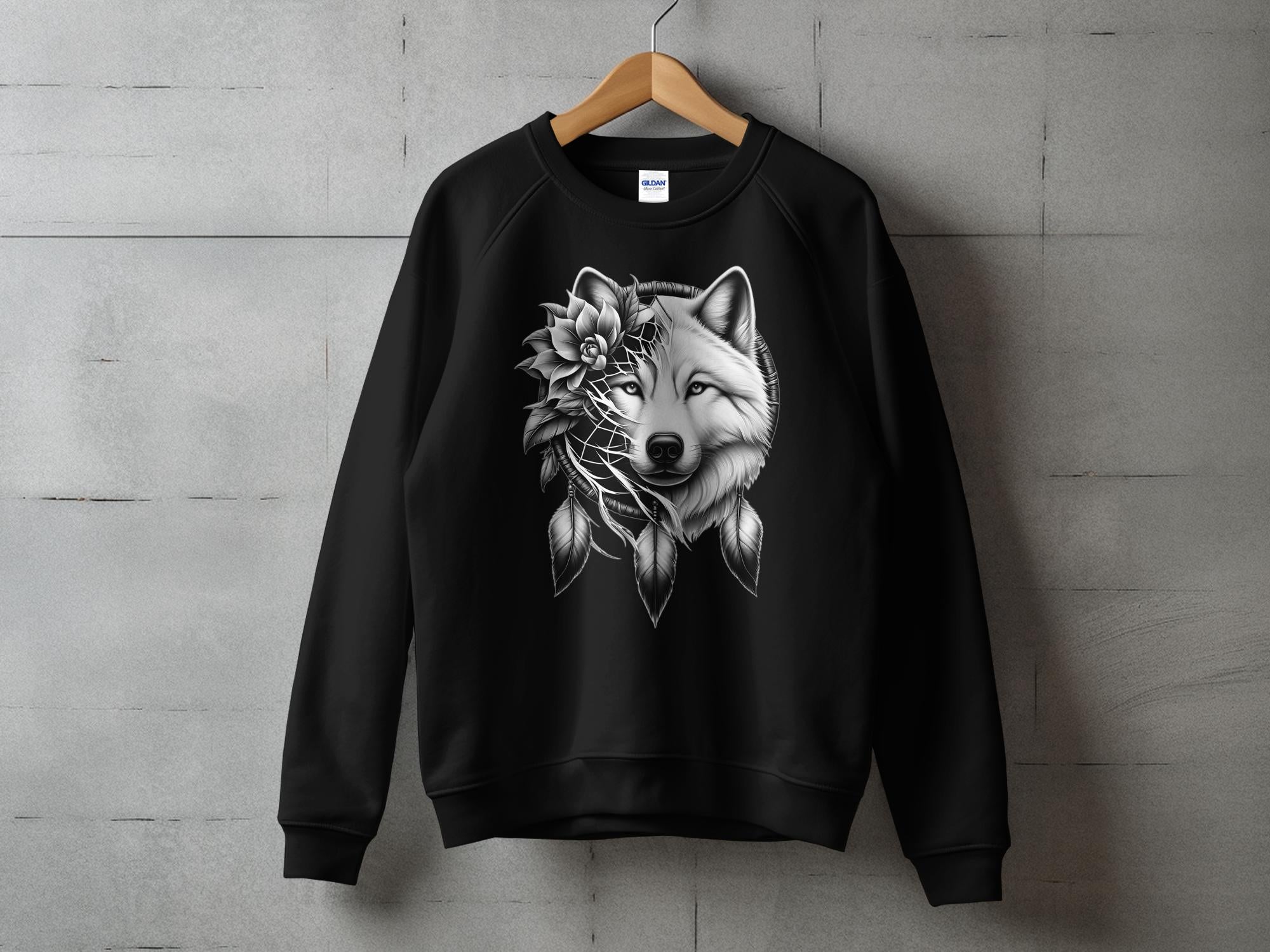 Dreamcatcher Wolf - Coloured Gildan Sweatshirt Realistic Native American Talisman Unisex Mythology Tee Graphic Design