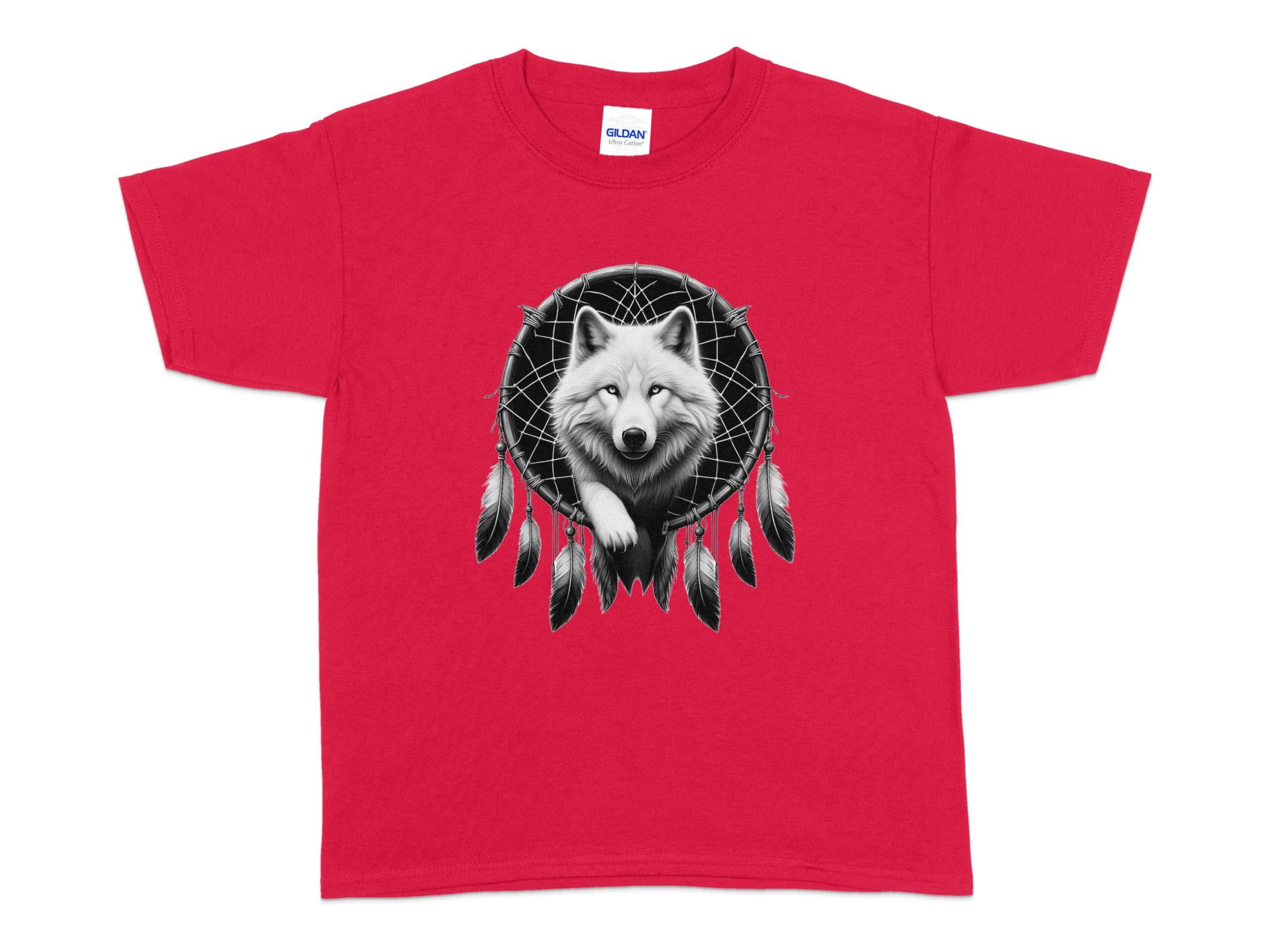 Dreamcatcher Wolf - Coloured Gildan Kids T-Shirt Realistic Native American Talisman Unisex Mythology Tee Graphic Design