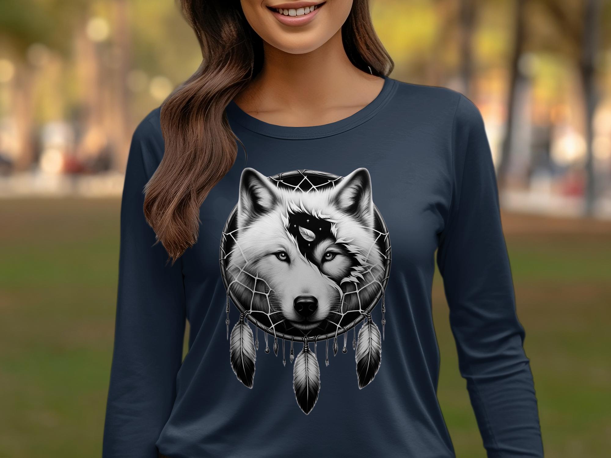 Dreamcatcher Wolf - Coloured Gildan Long Sleeve Realistic Native American Talisman Unisex Mythology Tee Graphic Design