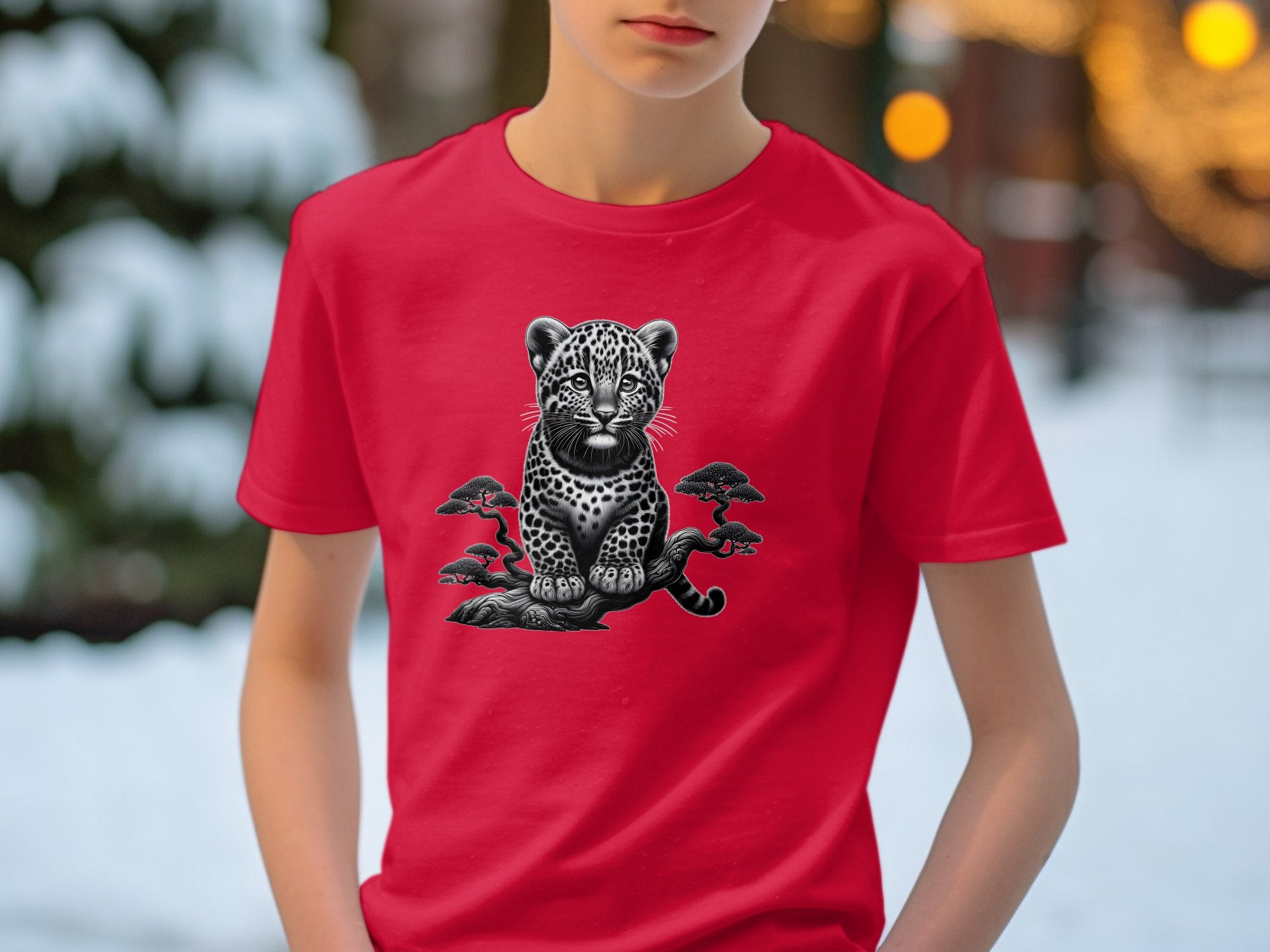 Leopard Bonsai - Coloured Gildan Kids T-Shirt Realistic Animal Talisman Unisex Cute Tee Graphic Design