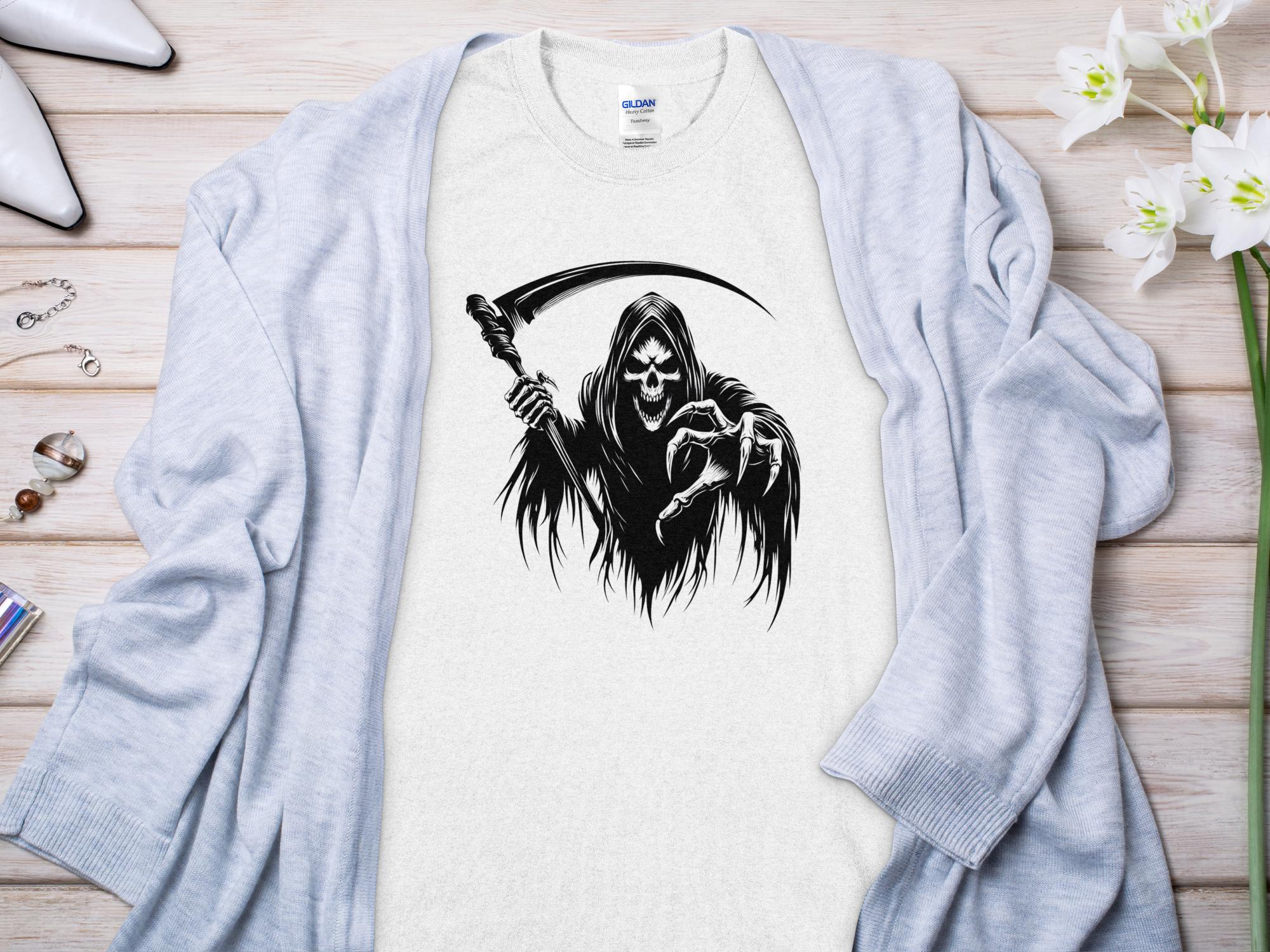 Grim Reaper - Black White Gildan T-Shirt Commemorative Talisman Unisex Tee Graphic Design