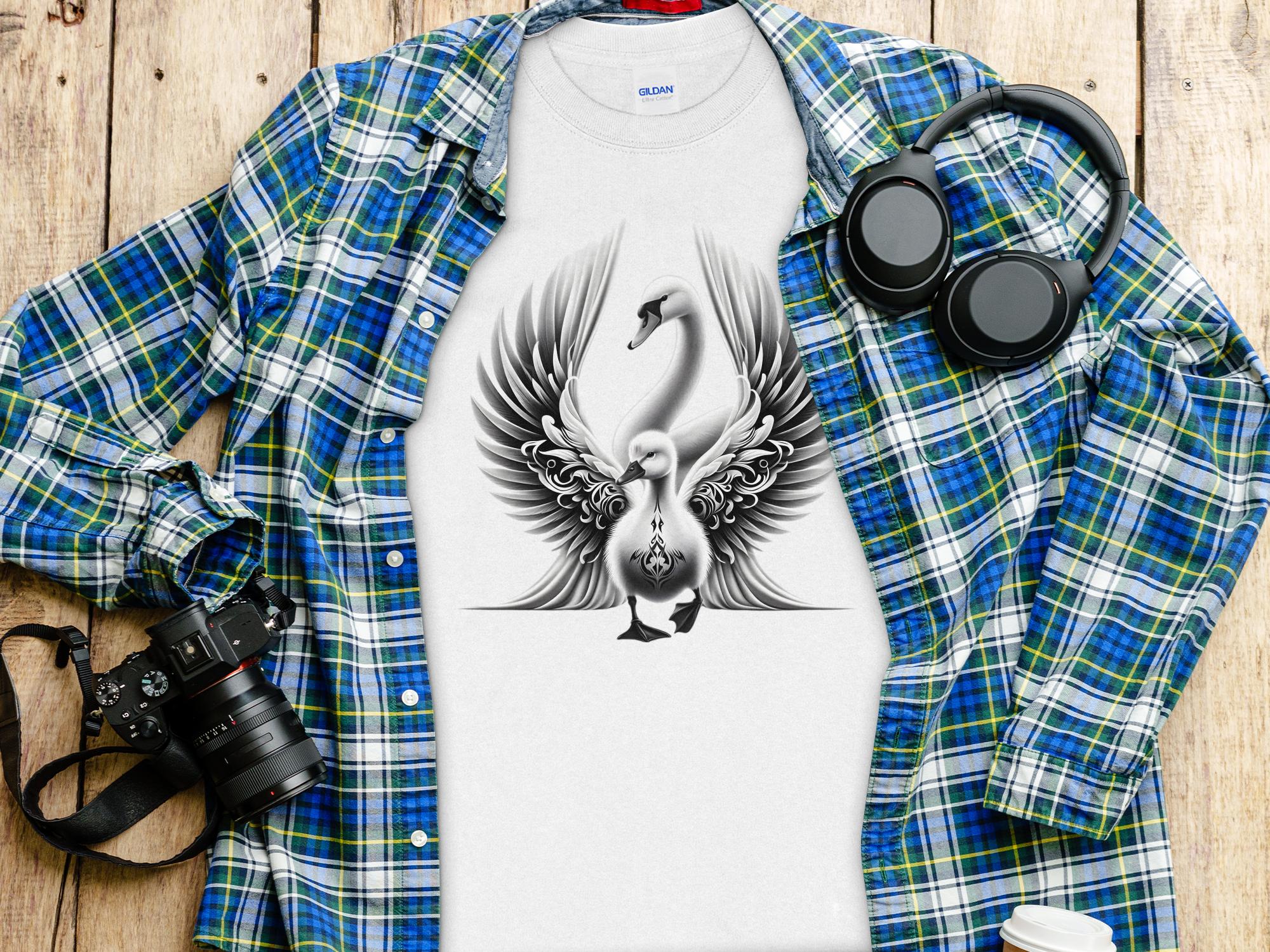 Swan & Cygnet- Black White Gildan Long Sleeve Realistic Family Talisman Unisex Tee Graphic Design