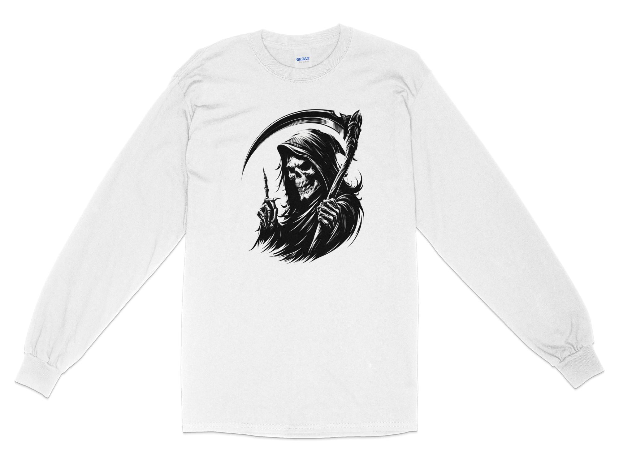 Grim Reaper - Black White Gildan Long Sleeve Commemorative Talisman Unisex Tee Graphic Design