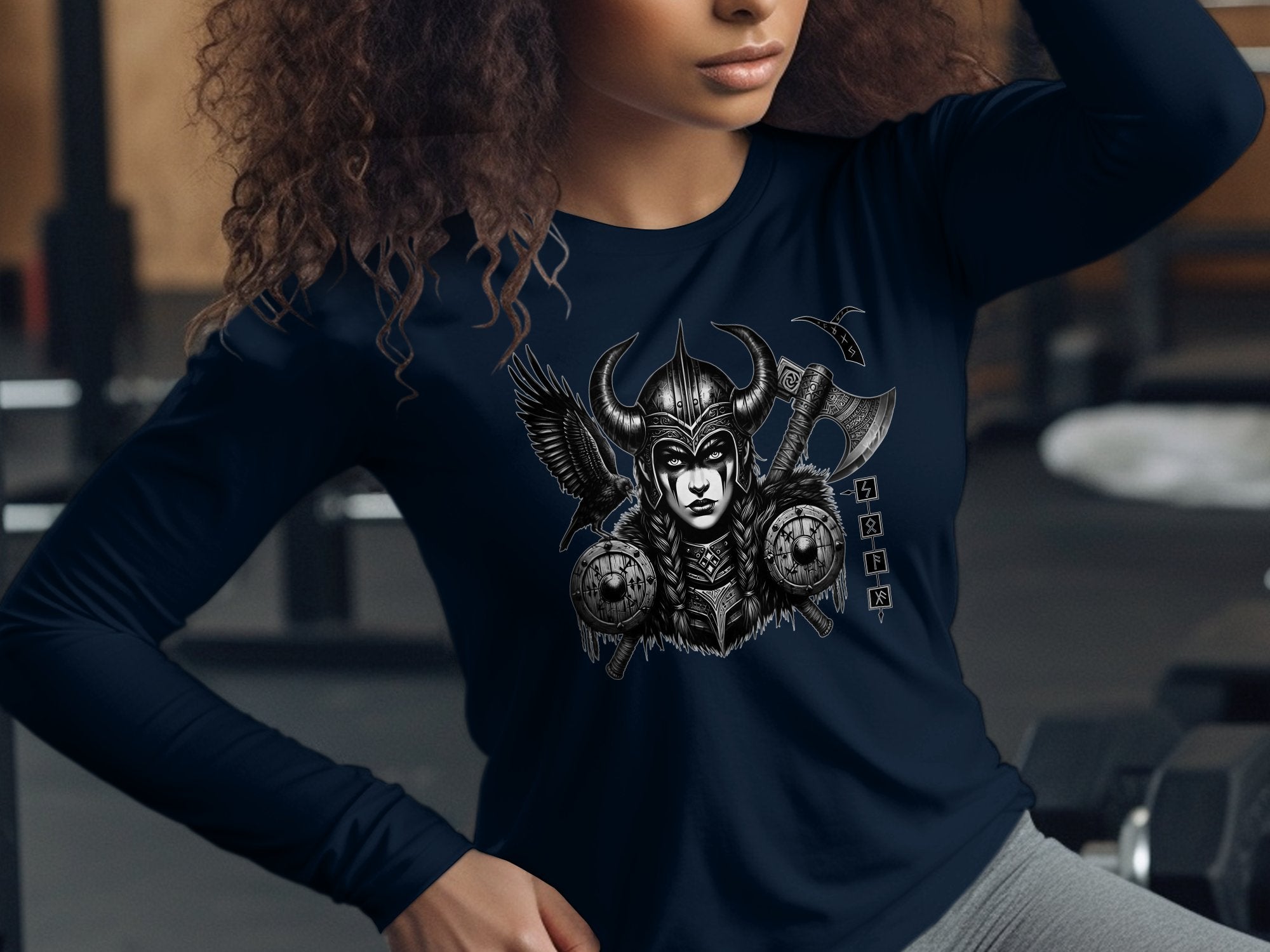 Viking Shield Maiden - Coloured Gildan Long Sleeve Realistic Norse Talisman Men Women Unisex Valhalla Tee Graphic Design