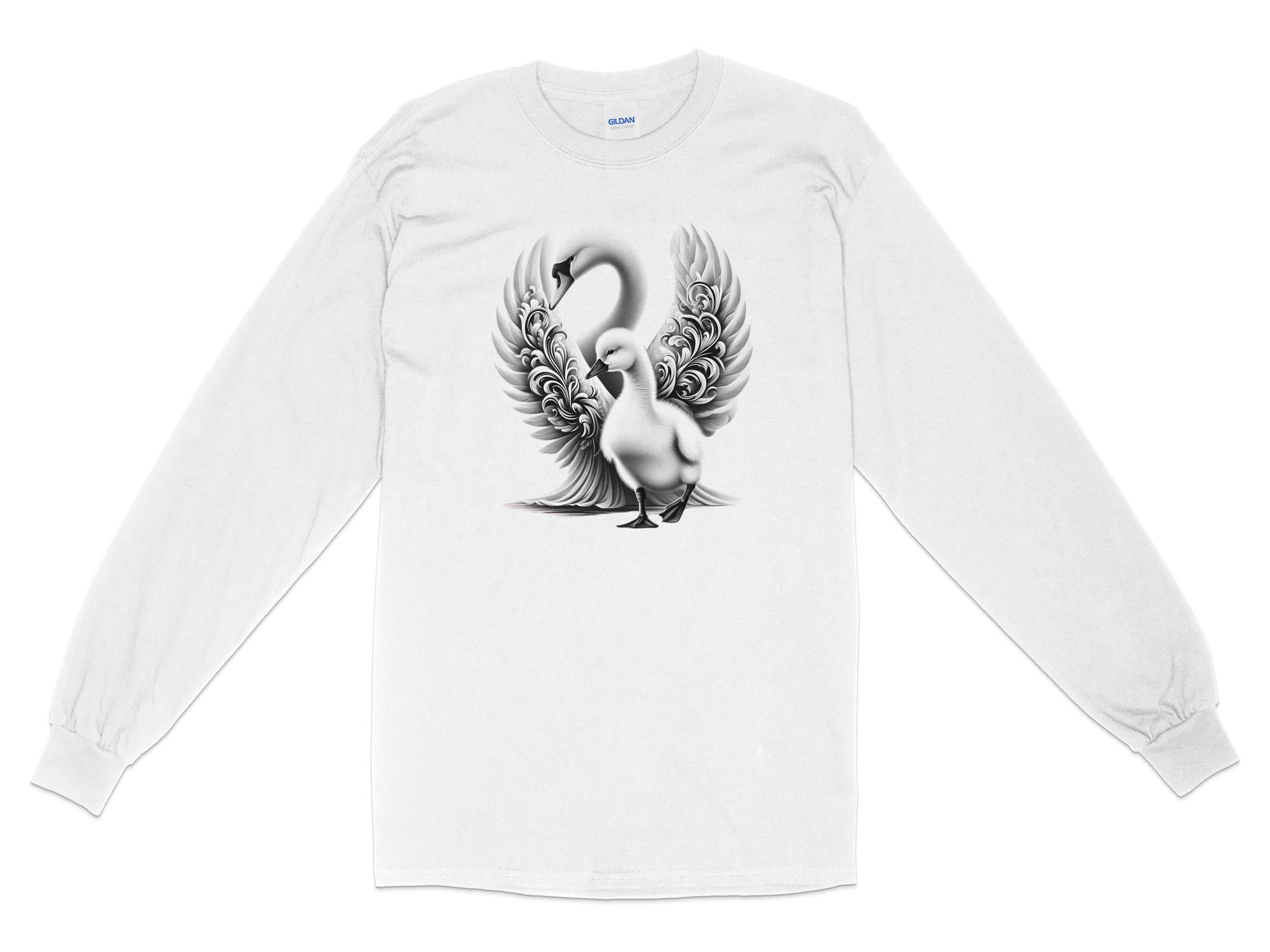 Swan & Cygnet- Black White Gildan Long Sleeve Realistic Family Talisman Unisex Tee Graphic Design