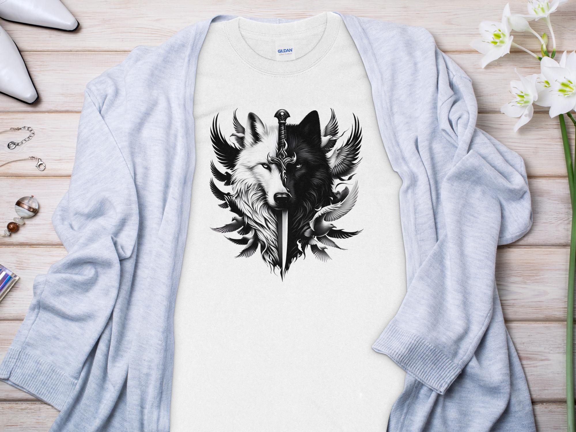 Wolf x Doves - Black White Gildan Long Sleeve Realistic Animal Talisman Unisex Tee Graphic Design