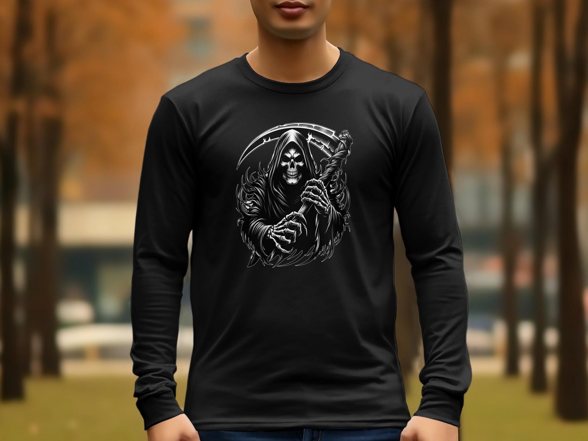 Grim Reaper - Black White Gildan Long Sleeve Commemorative Talisman Unisex Tee Graphic Design