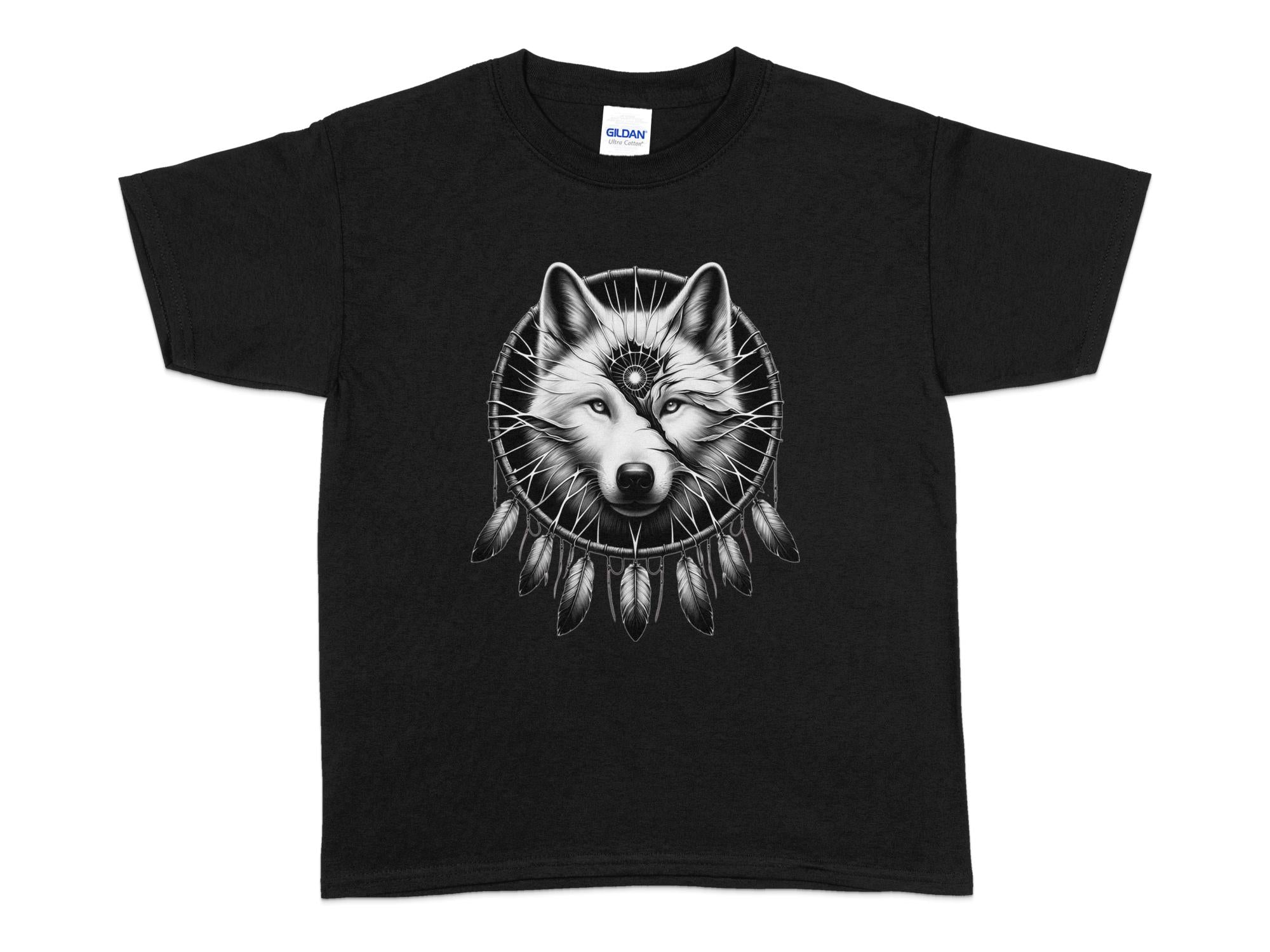 Dreamcatcher Wolf - Coloured Gildan Kids T-Shirt Realistic Native American Talisman Unisex Mythology Tee Graphic Design