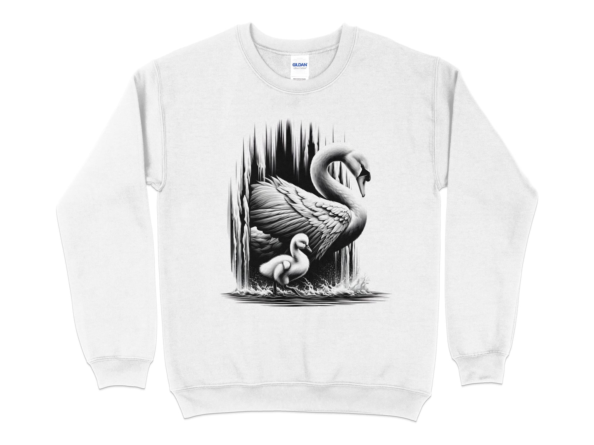 Swan & Cygnet- Black White Gildan Sweatshirt Realistic Family Talisman Unisex Tee Graphic Design