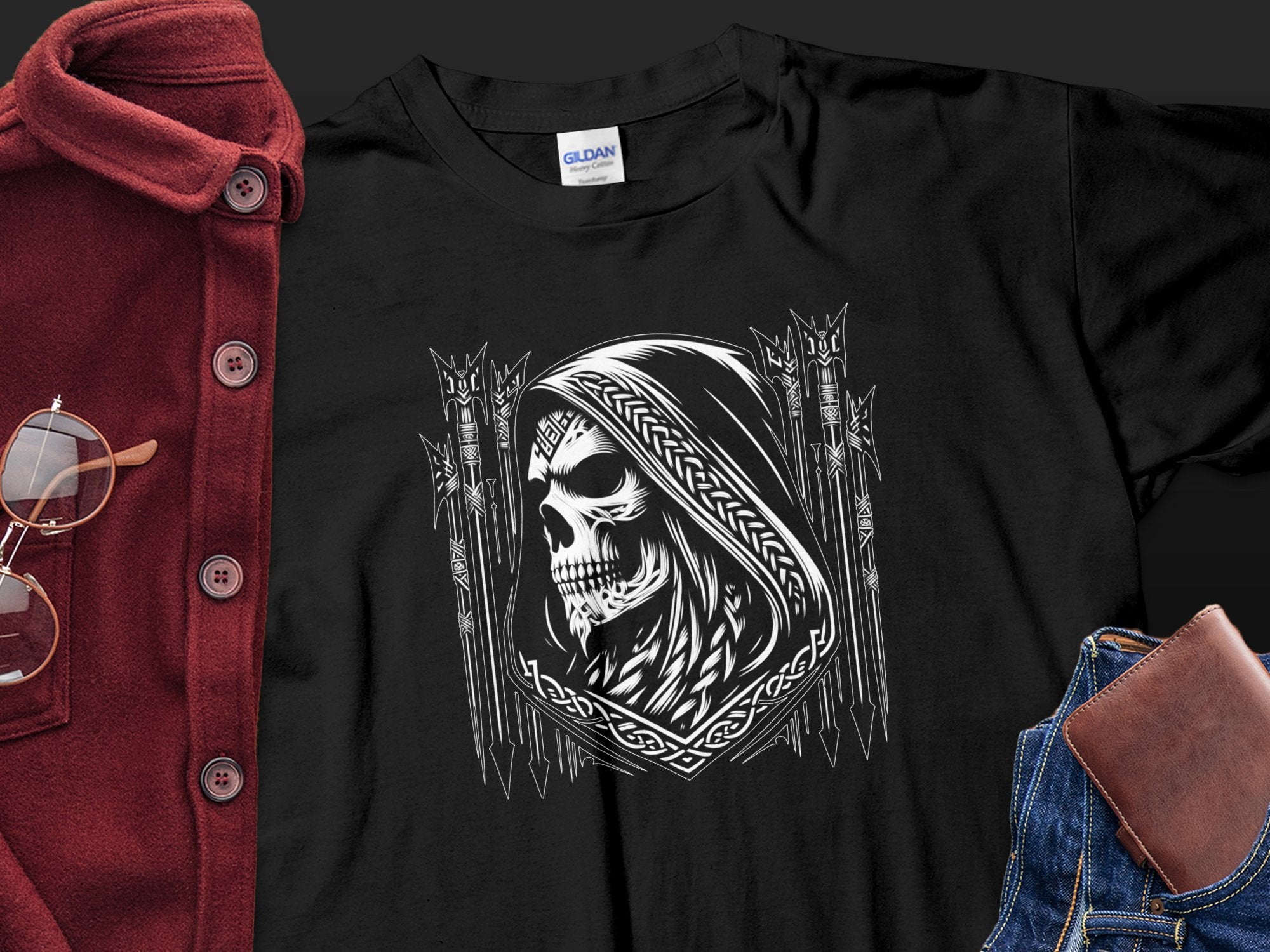 Grim Reaper - Black White Gildan T-Shirt Commemorative Talisman Unisex Tee Graphic Design