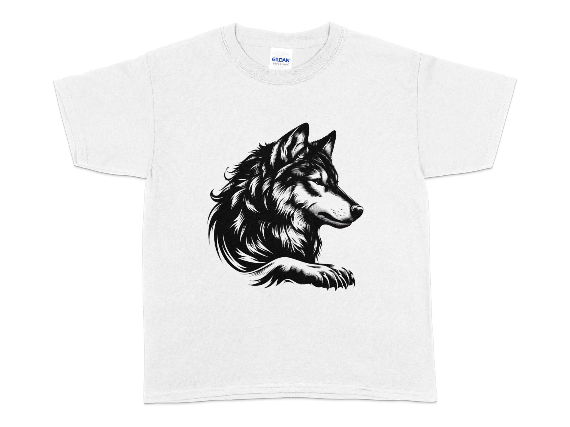 Wolf Tribal - Black White Gildan Kids T-Shirt Realistic Animal Talisman Unisex Tee Graphic Design