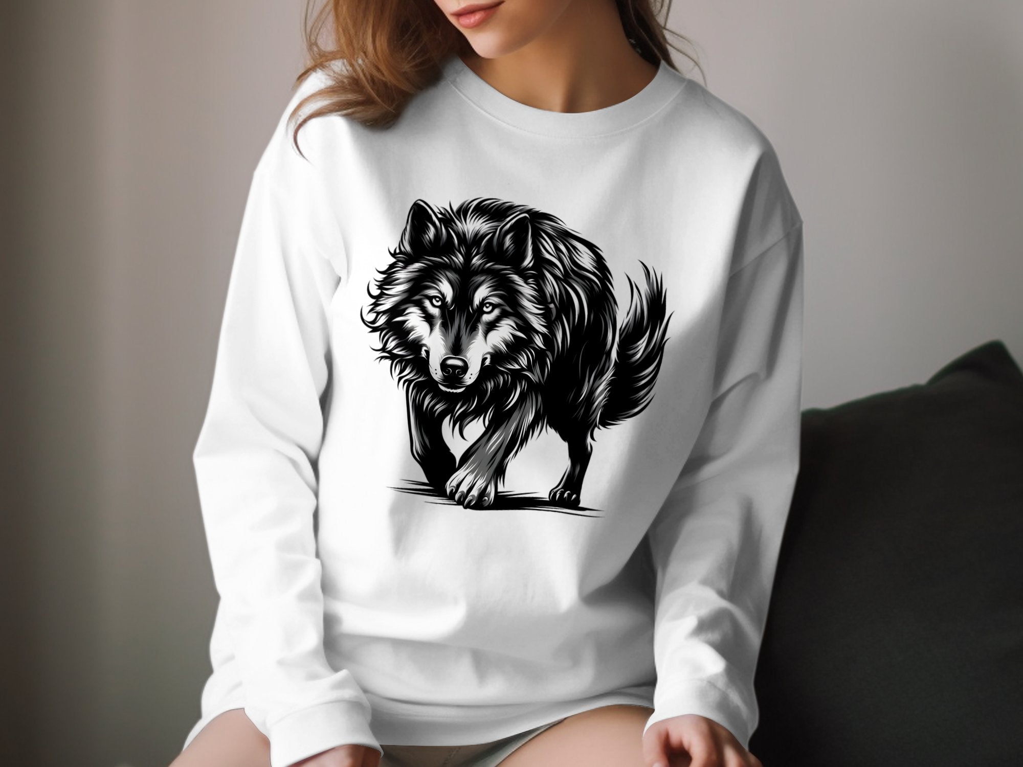 Wolf Tribal - Black White Gildan Long Sleeve Realistic Animal Talisman Unisex Tee Graphic Design