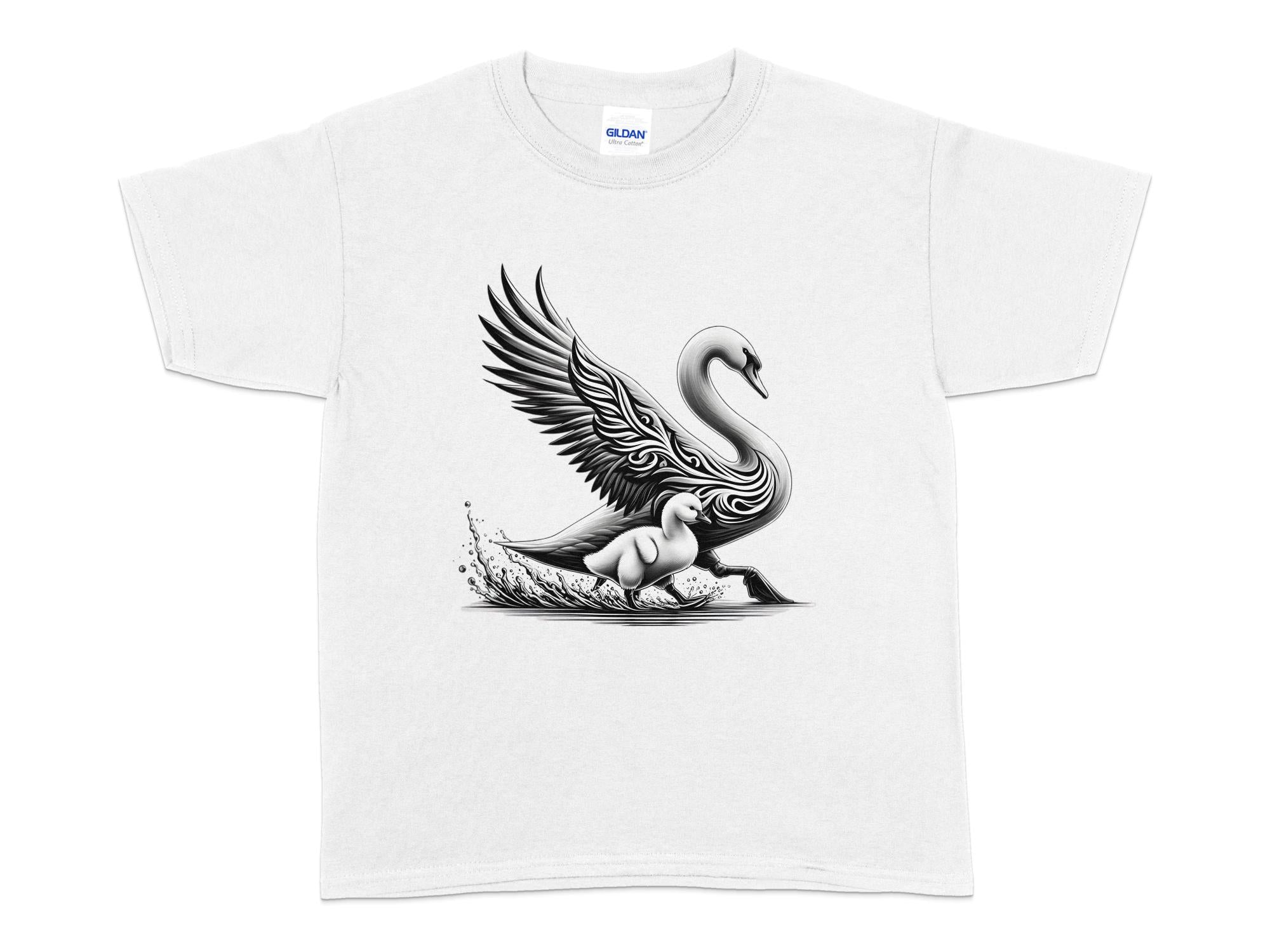 Swan & Cygnet- Black White Gildan Kids T-Shirt Realistic Family Talisman Unisex Tee Graphic Design