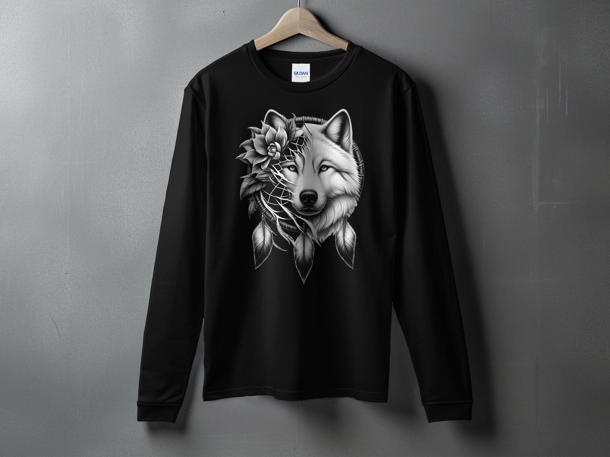 Dreamcatcher Wolf - Coloured Gildan Long Sleeve Realistic Native American Talisman Unisex Mythology Tee Graphic Design