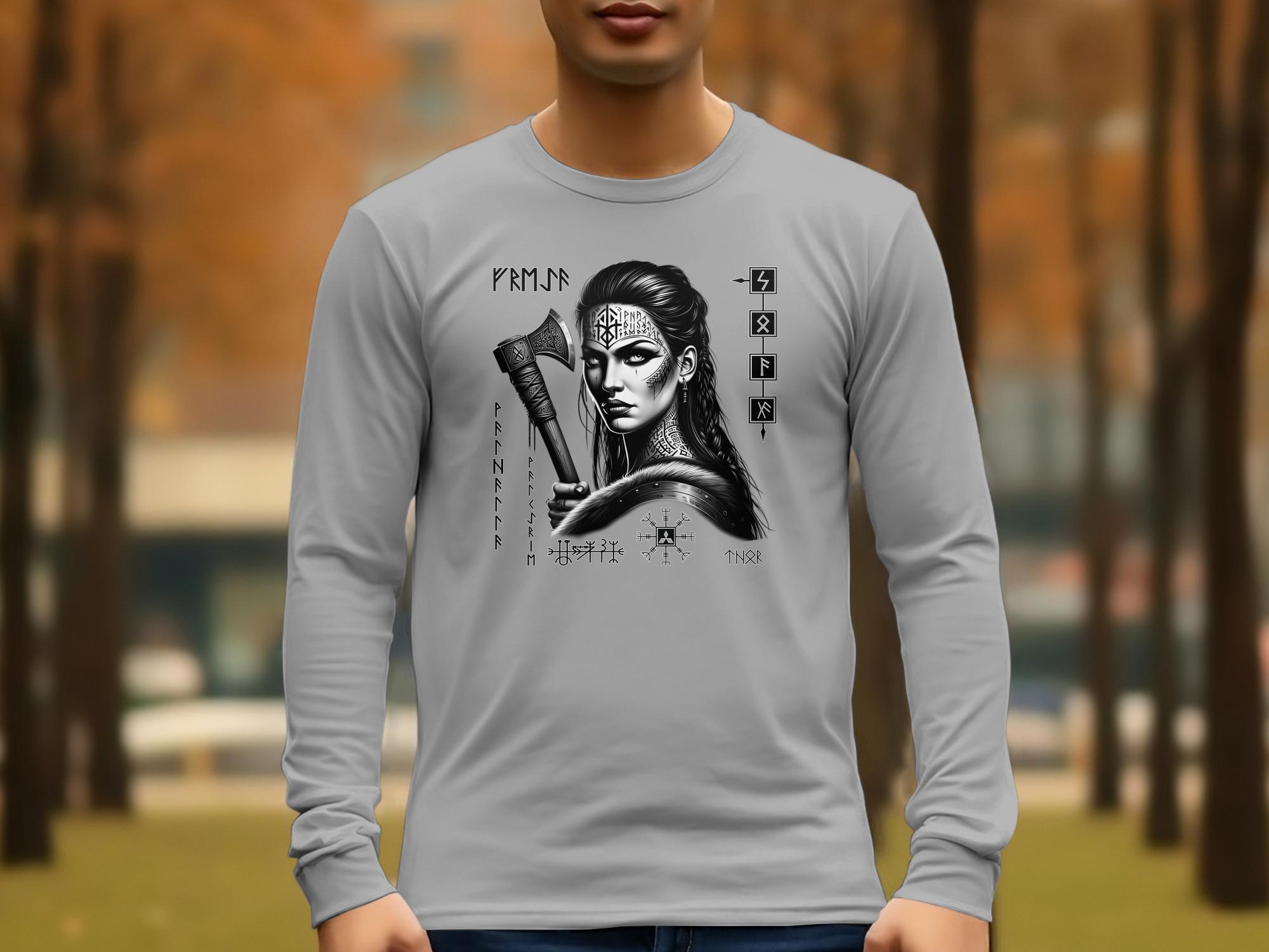 Viking Shield Maiden - Coloured Gildan Long Sleeve Realistic Norse Talisman Men Women Unisex Valhalla Tee Graphic Design