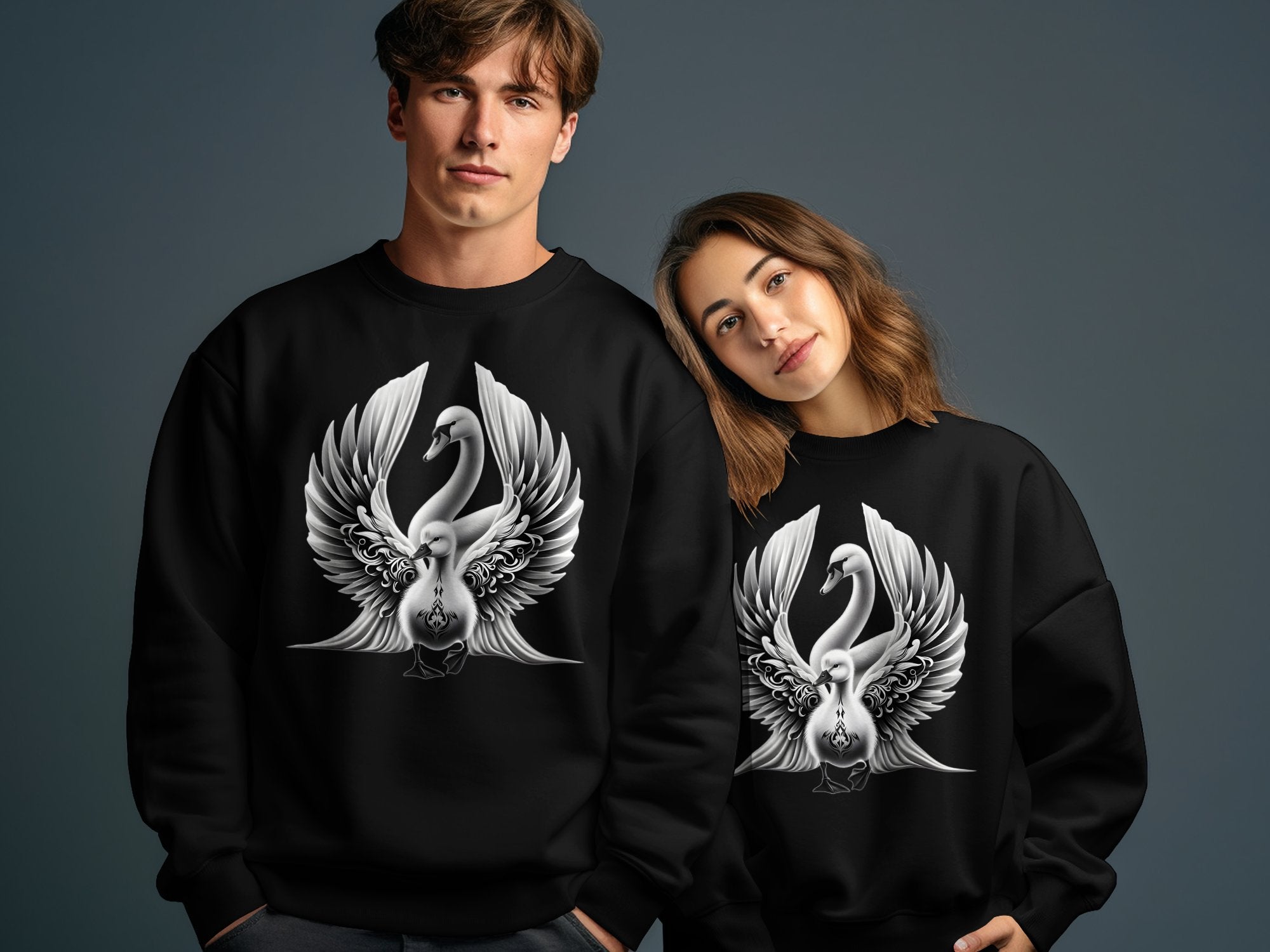 Swan & Cygnet- Black White Gildan Sweatshirt Realistic Family Talisman Unisex Tee Graphic Design