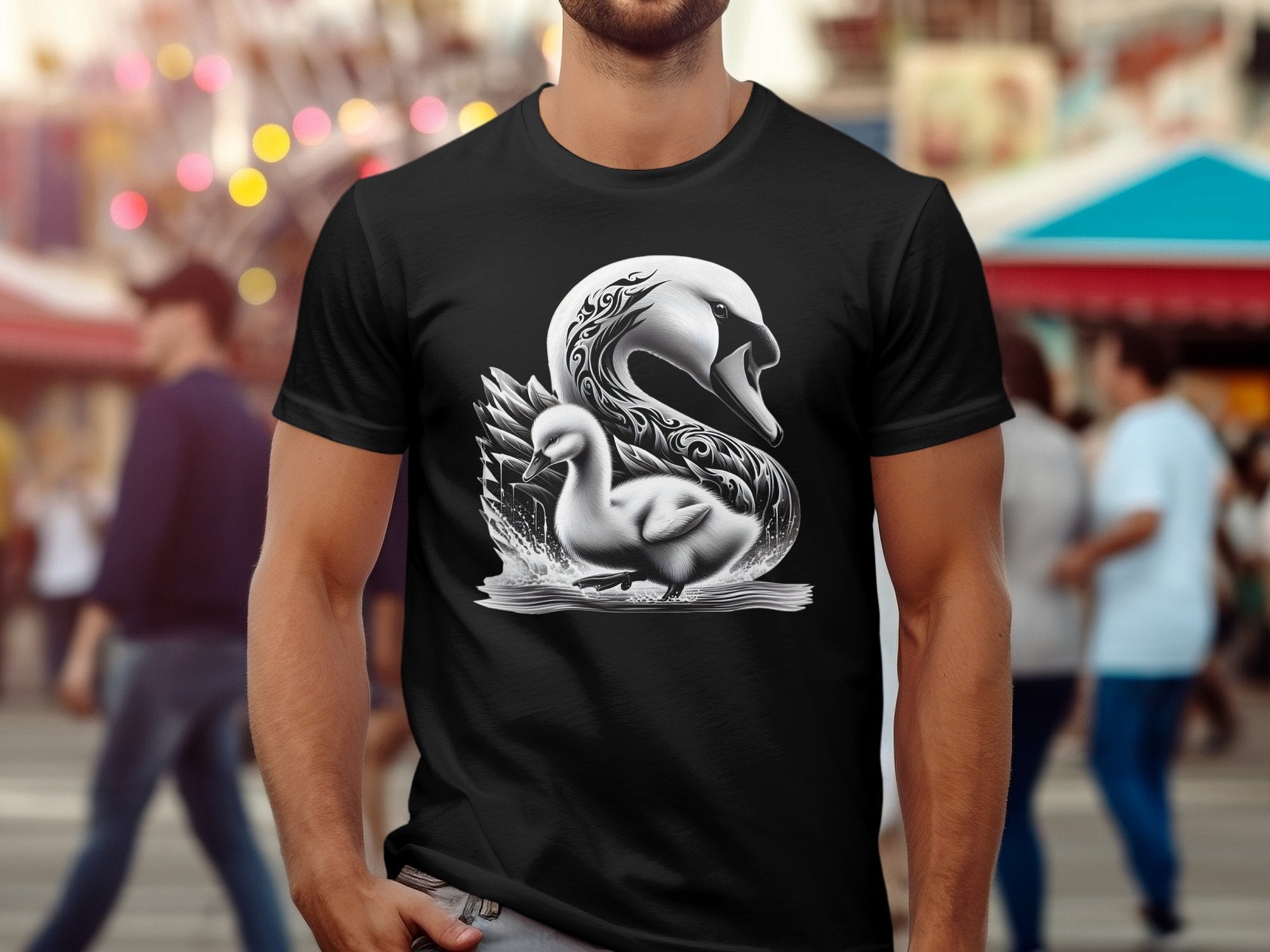 Swan & Cygnet- Black White Gildan T-Shirt Realistic Family Talisman Unisex Tee Graphic Design