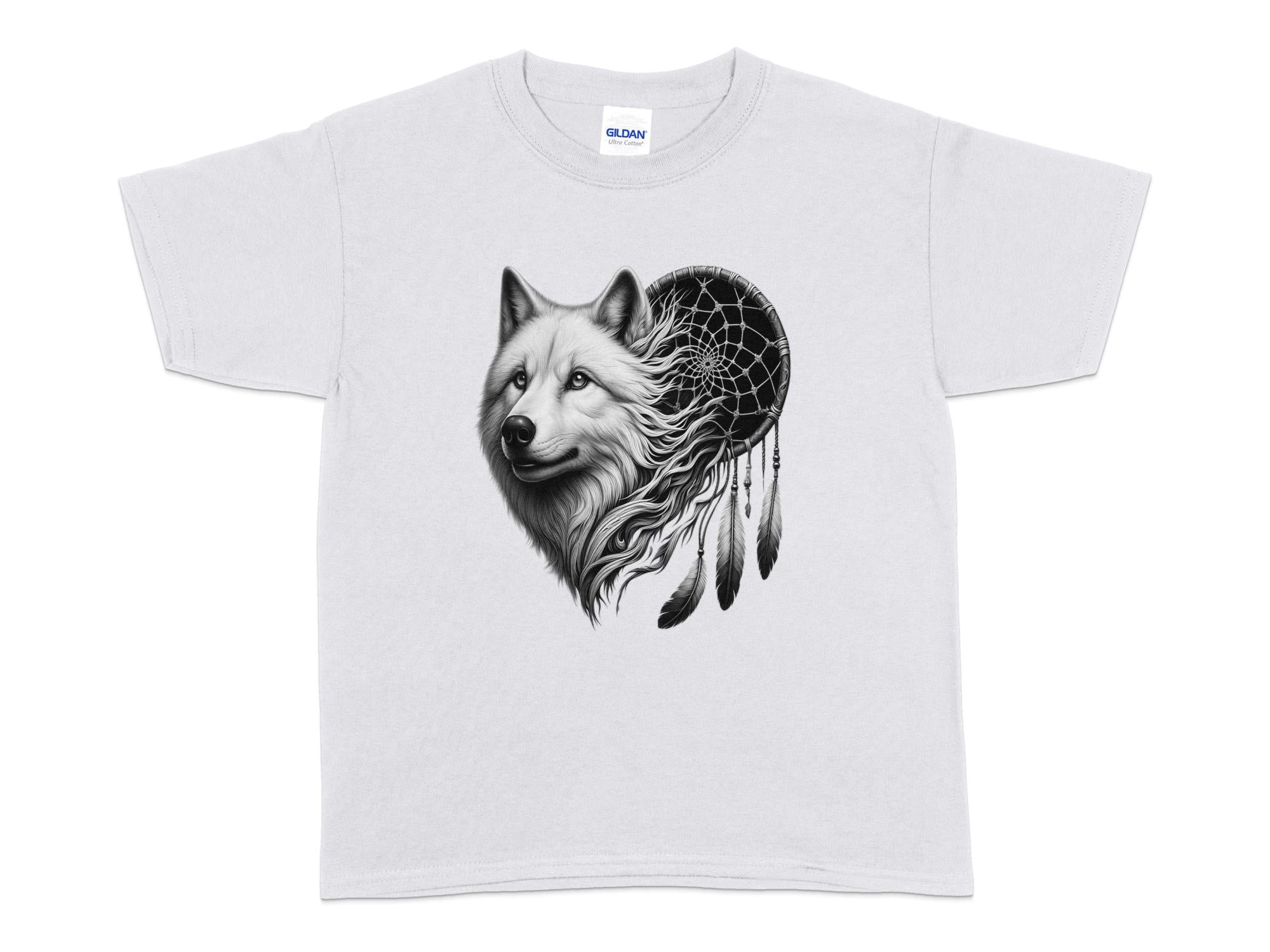 Dreamcatcher Wolf - Coloured Gildan Kids T-Shirt Realistic Native American Talisman Unisex Mythology Tee Graphic Design