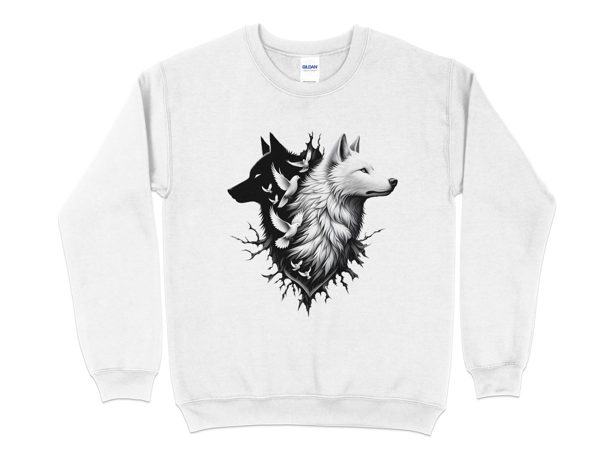 Wolf x Doves - Black White Gildan Sweatshirt Realistic Animal Talisman Unisex Tee Graphic Design