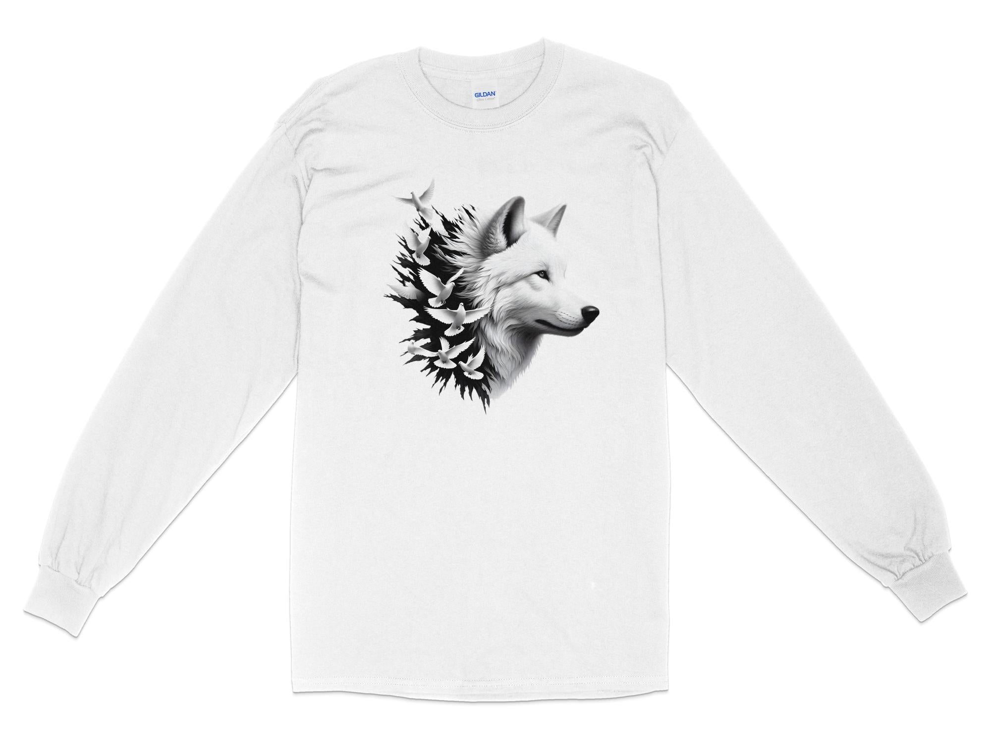 Wolf x Doves - Black White Gildan Long Sleeve Realistic Animal Talisman Unisex Tee Graphic Design