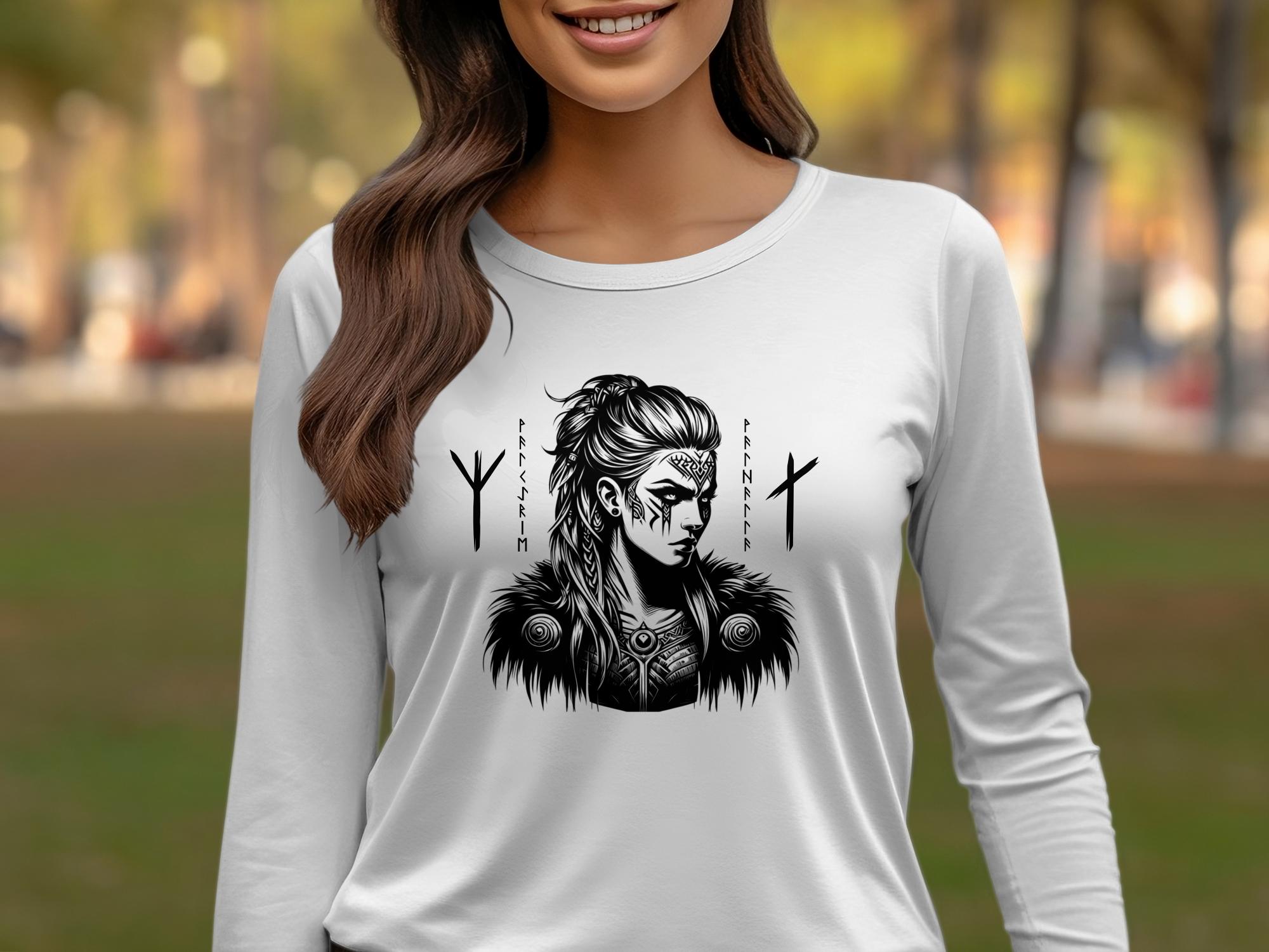 Viking Shield Maiden - Coloured Gildan Long Sleeve Realistic Norse Talisman Men Women Unisex Valhalla Tee Graphic Design