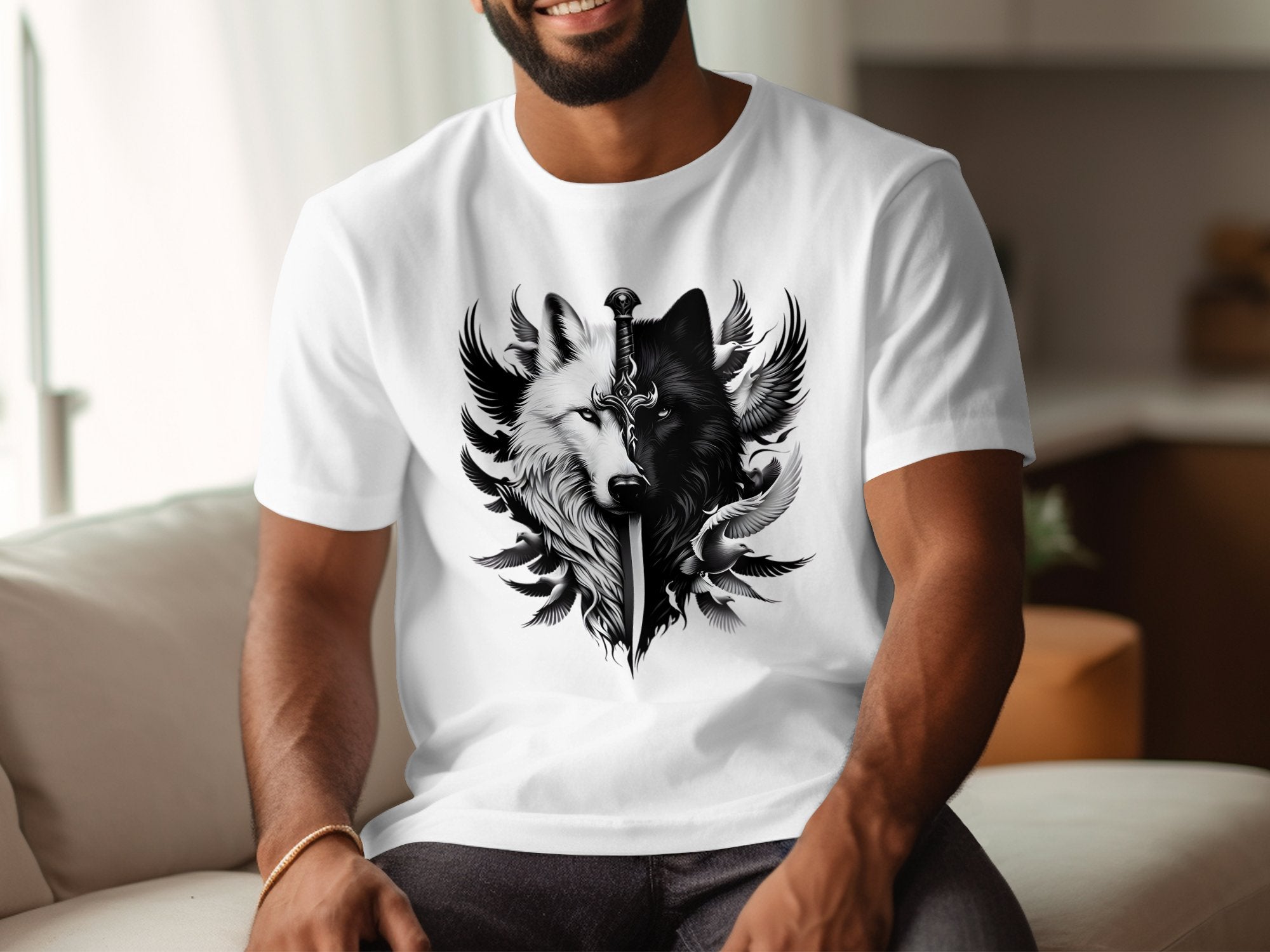 Wolf x Doves - Black White Gildan T-Shirt Realistic Animal Talisman Unisex Tee Graphic Design