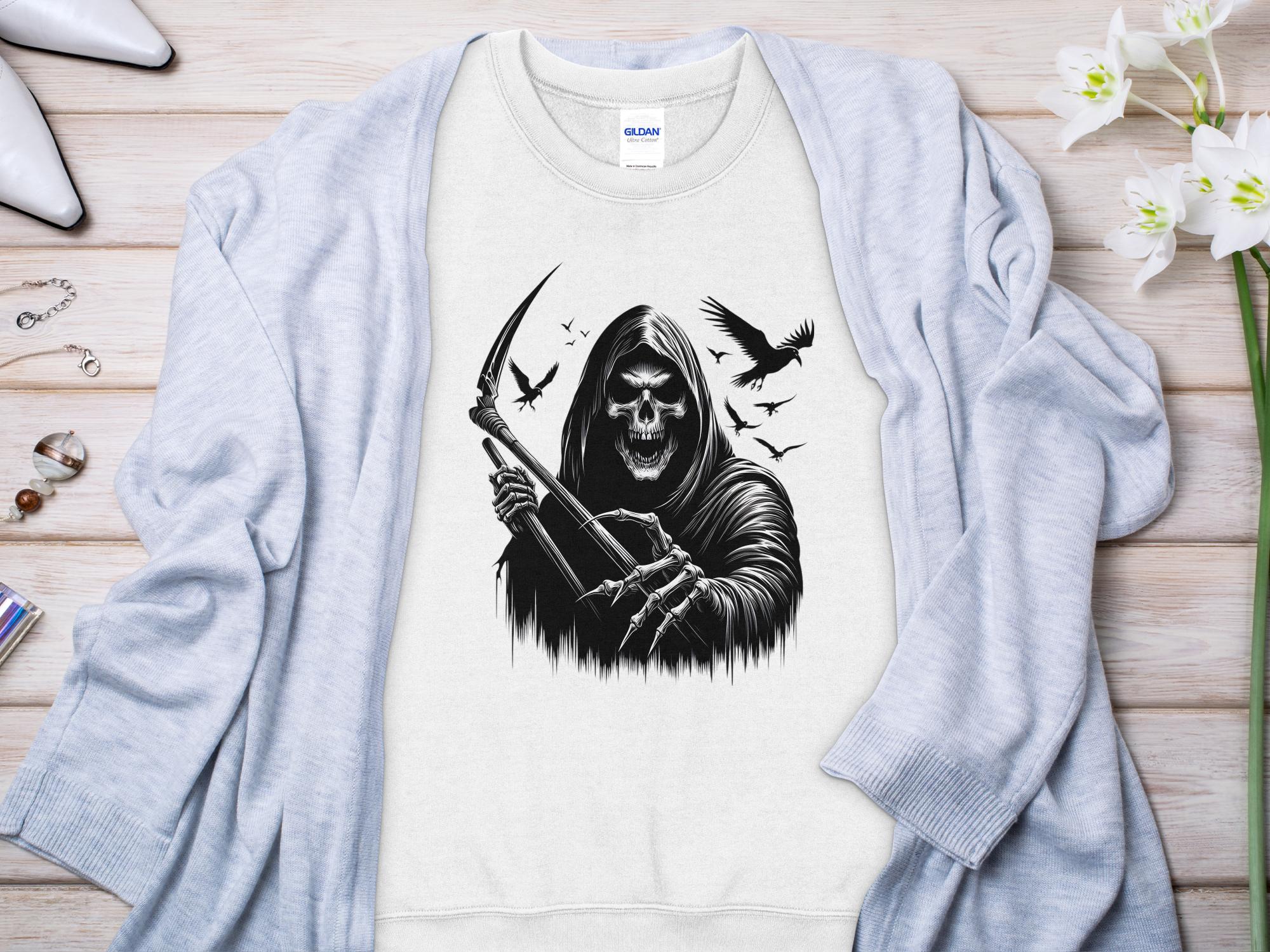 Grim Reaper - Black White Gildan Sweatshirt Commemorative Talisman Unisex Tee Graphic Design