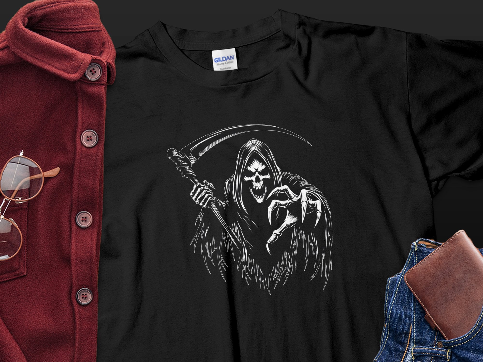 Grim Reaper - Black White Gildan T-Shirt Commemorative Talisman Unisex Tee Graphic Design