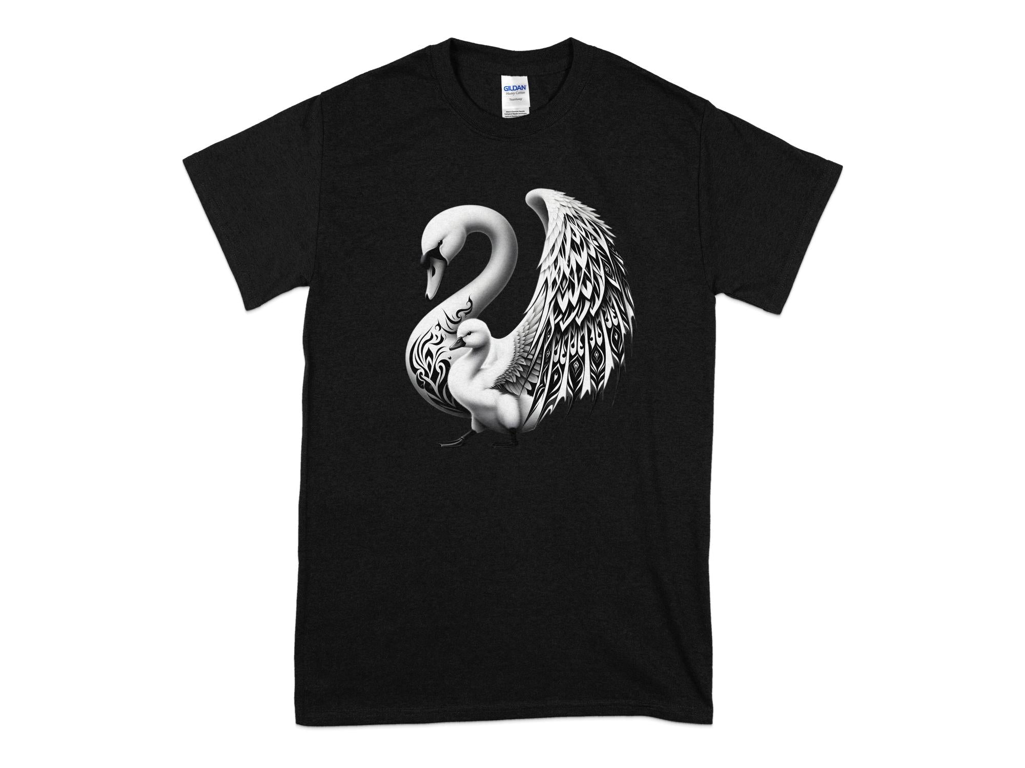 Swan & Cygnet- Black White Gildan T-Shirt Realistic Family Talisman Unisex Tee Graphic Design