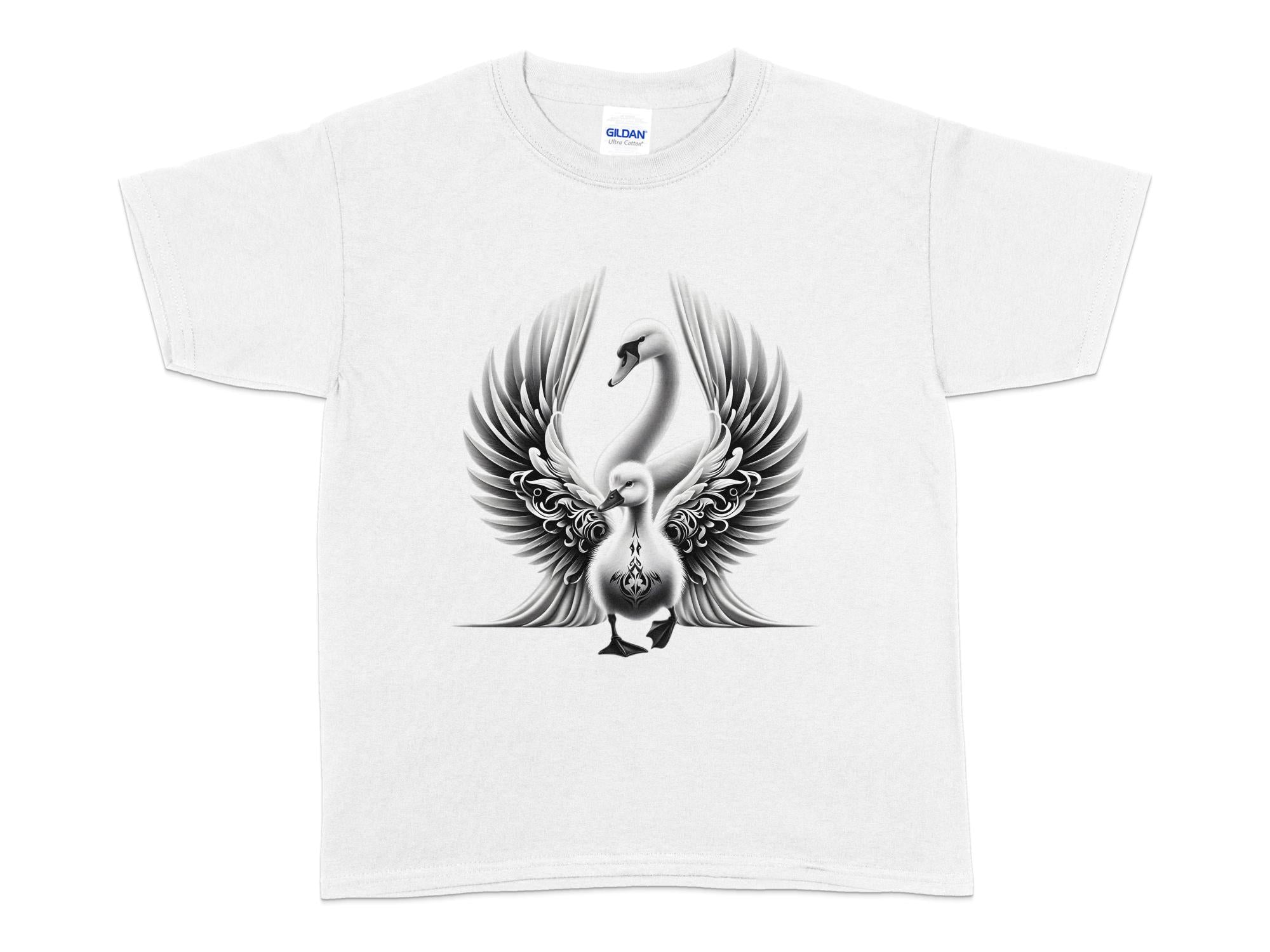 Swan & Cygnet- Black White Gildan Kids T-Shirt Realistic Family Talisman Unisex Tee Graphic Design