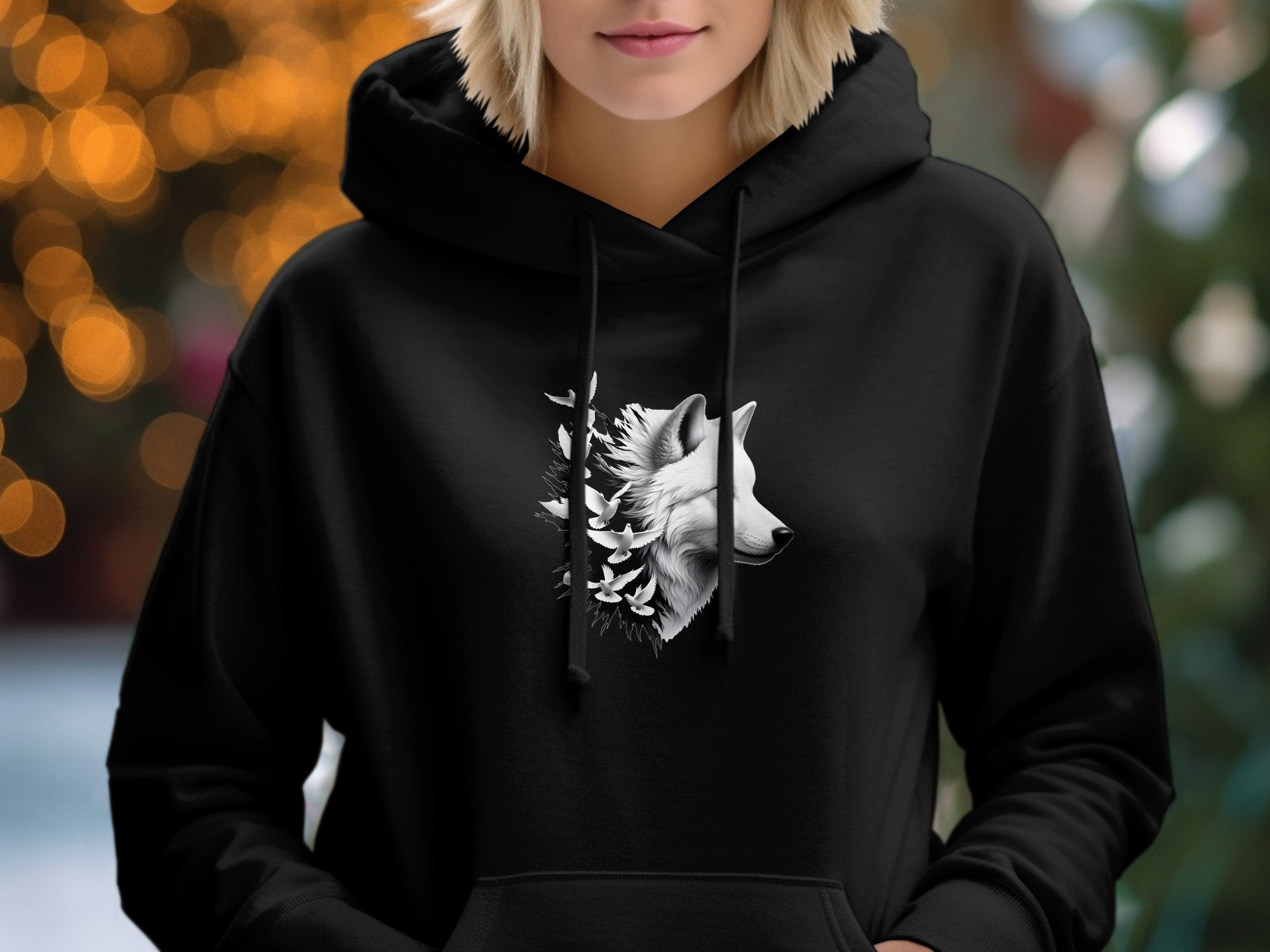 Wolf x Doves - Black White Gildan Hoodie Realistic Animal Talisman Unisex Tee Graphic Design