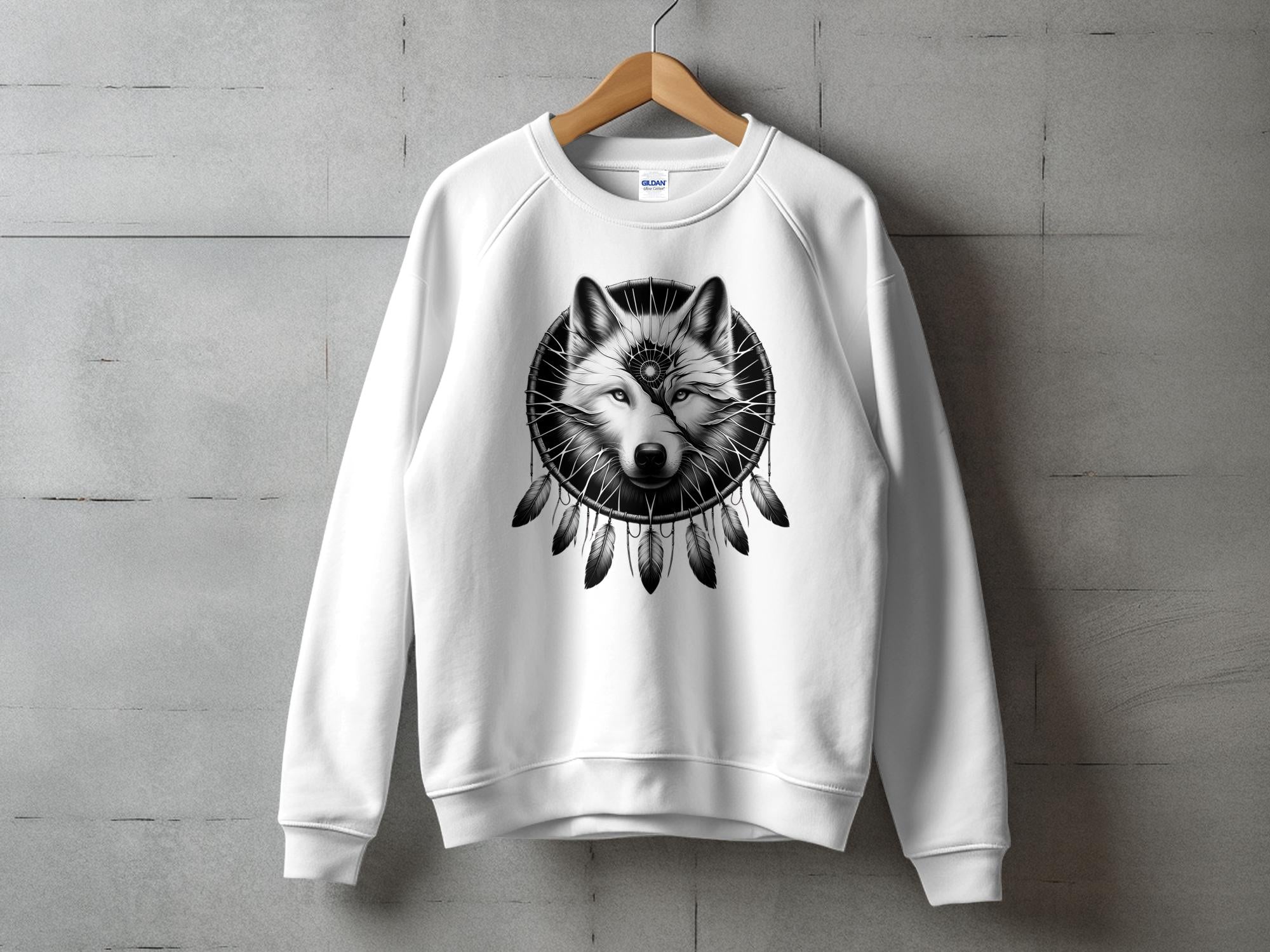 Dreamcatcher Wolf - Coloured Gildan Sweatshirt Realistic Native American Talisman Unisex Mythology Tee Graphic Design