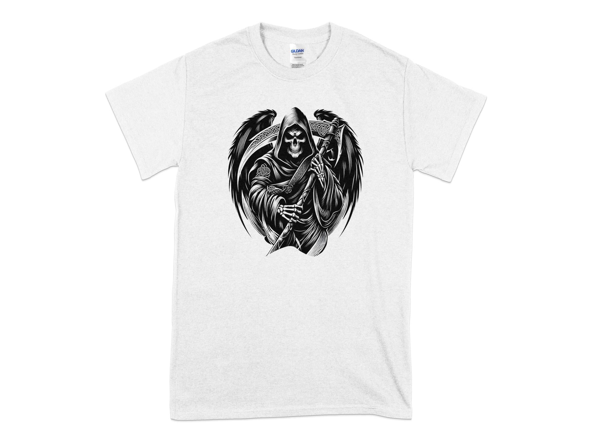 Grim Reaper - Black White Gildan T-Shirt Commemorative Talisman Unisex Tee Graphic Design