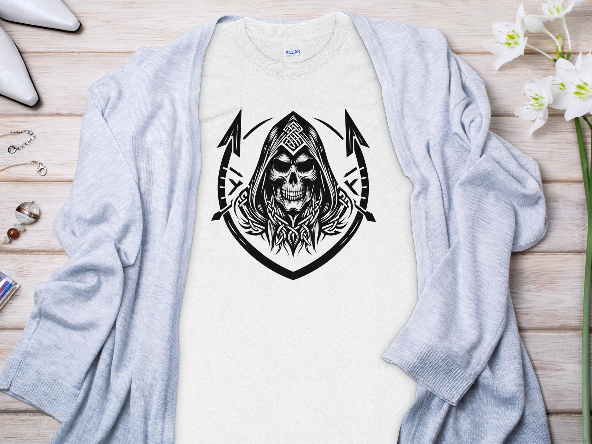 Grim Reaper - Black White Gildan Long Sleeve Commemorative Talisman Unisex Tee Graphic Design