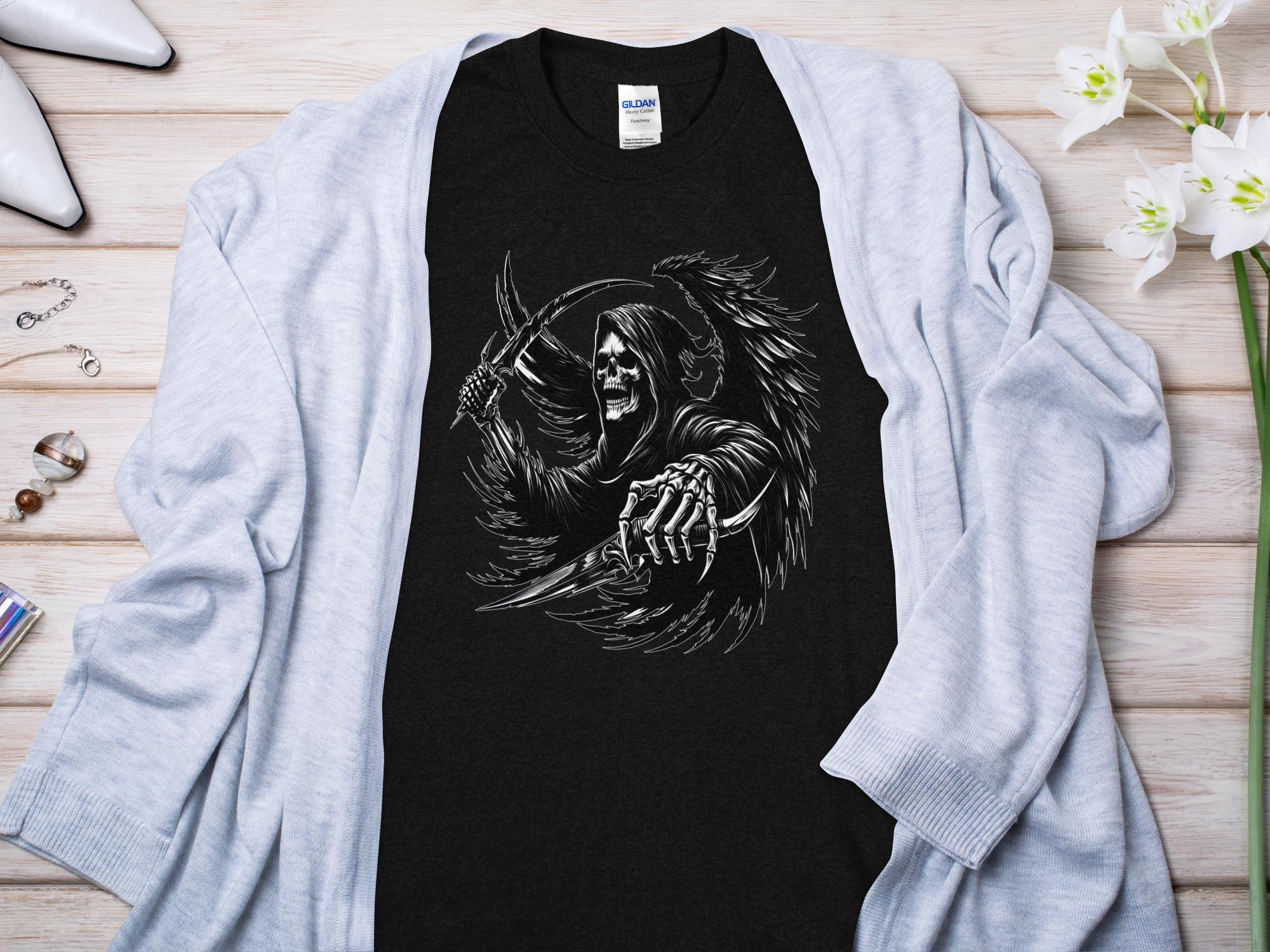 Grim Reaper - Black White Gildan T-Shirt Commemorative Talisman Unisex Tee Graphic Design