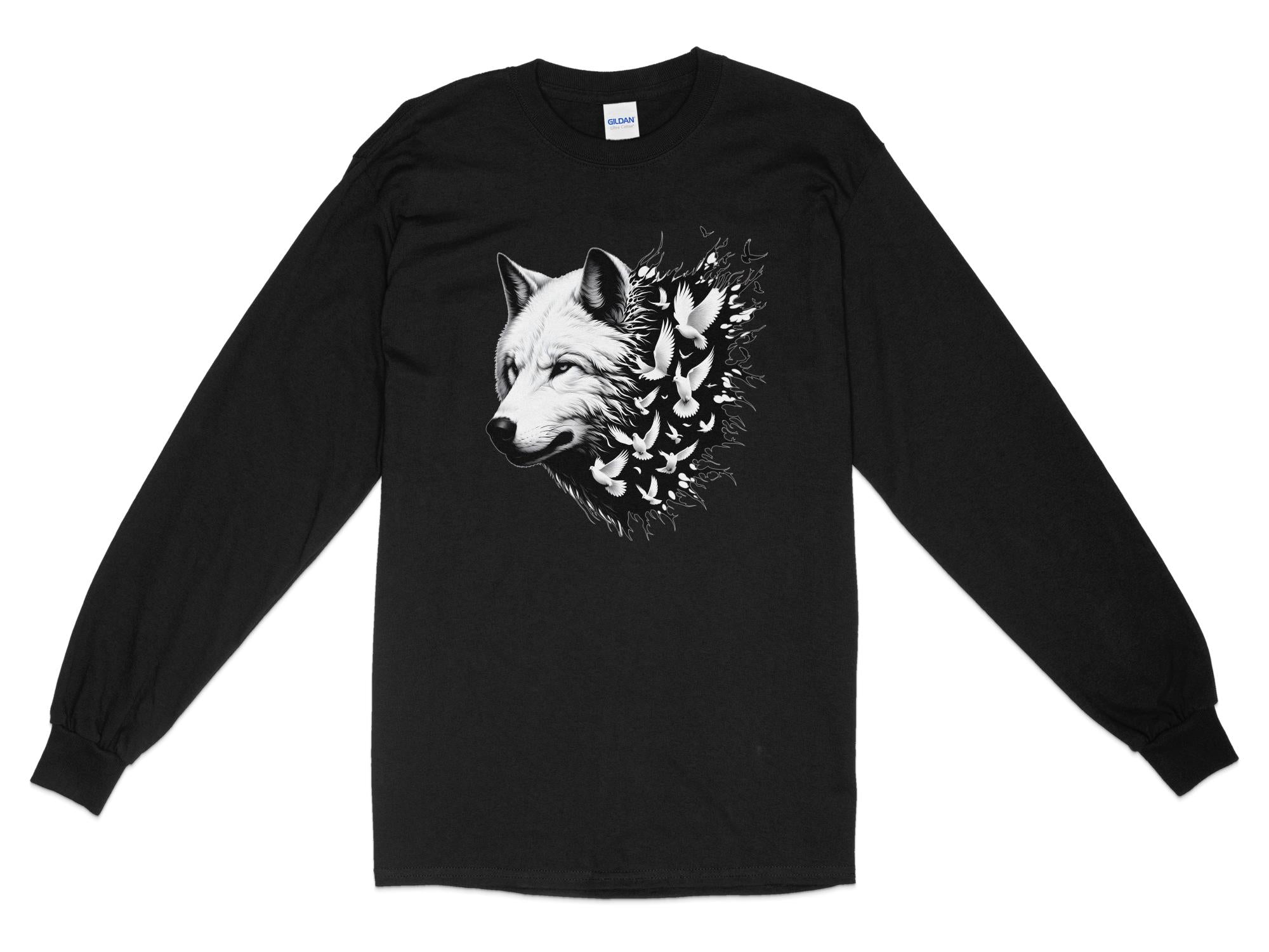 Wolf x Doves - Black White Gildan Long Sleeve Realistic Animal Talisman Unisex Tee Graphic Design