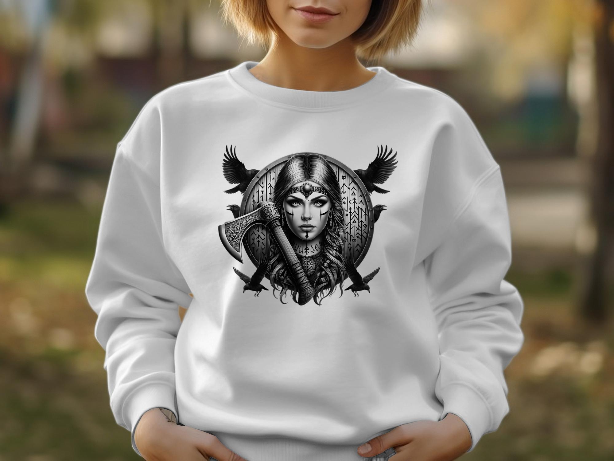 Viking Shield Maiden - Coloured Gildan Sweatshirt Realistic Norse Talisman Men Women Unisex Valhalla Tee Graphic Design