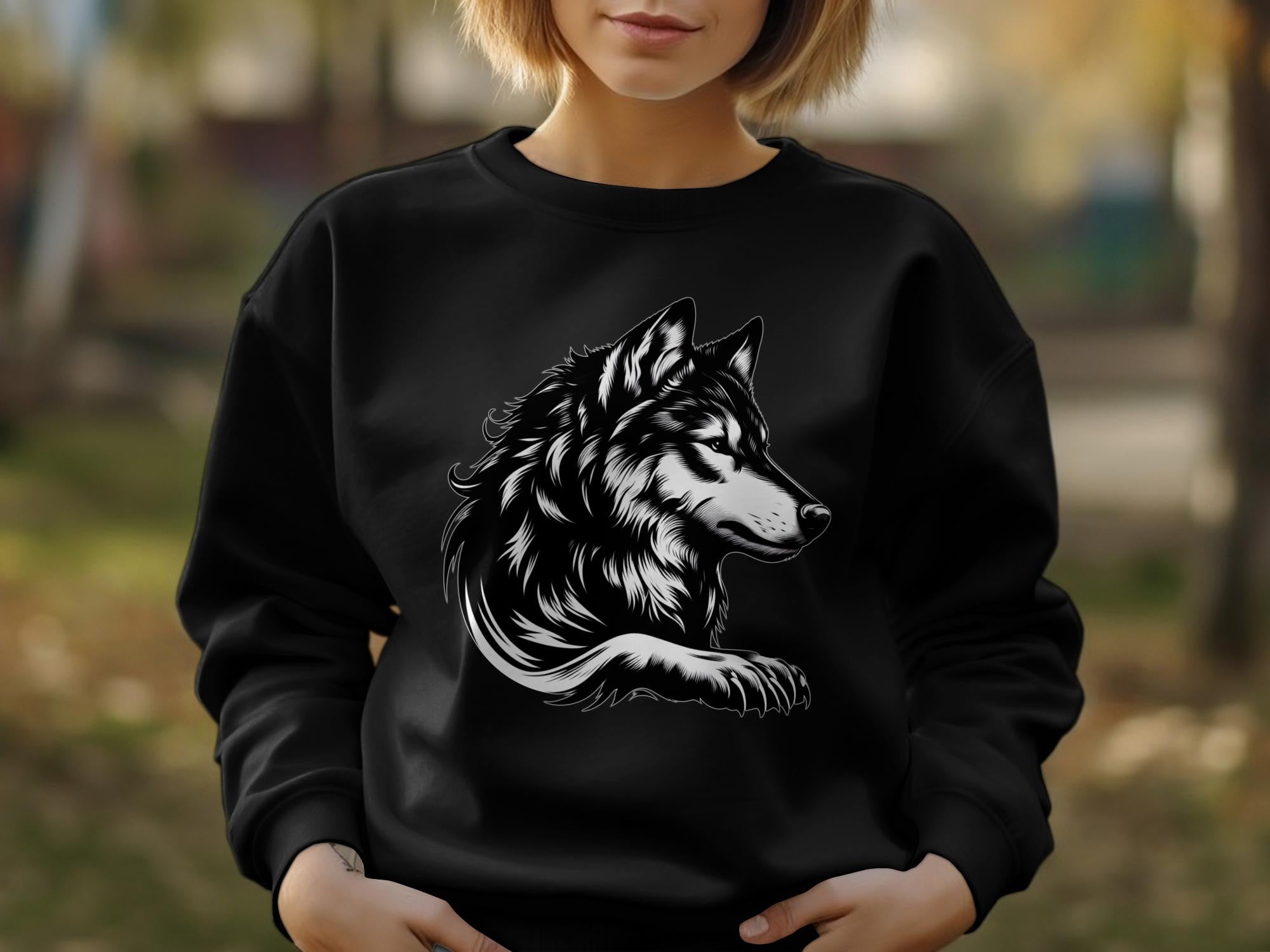 Wolf Tribal - Black White Gildan Sweatshirt Realistic Animal Talisman Unisex Tee Graphic Design