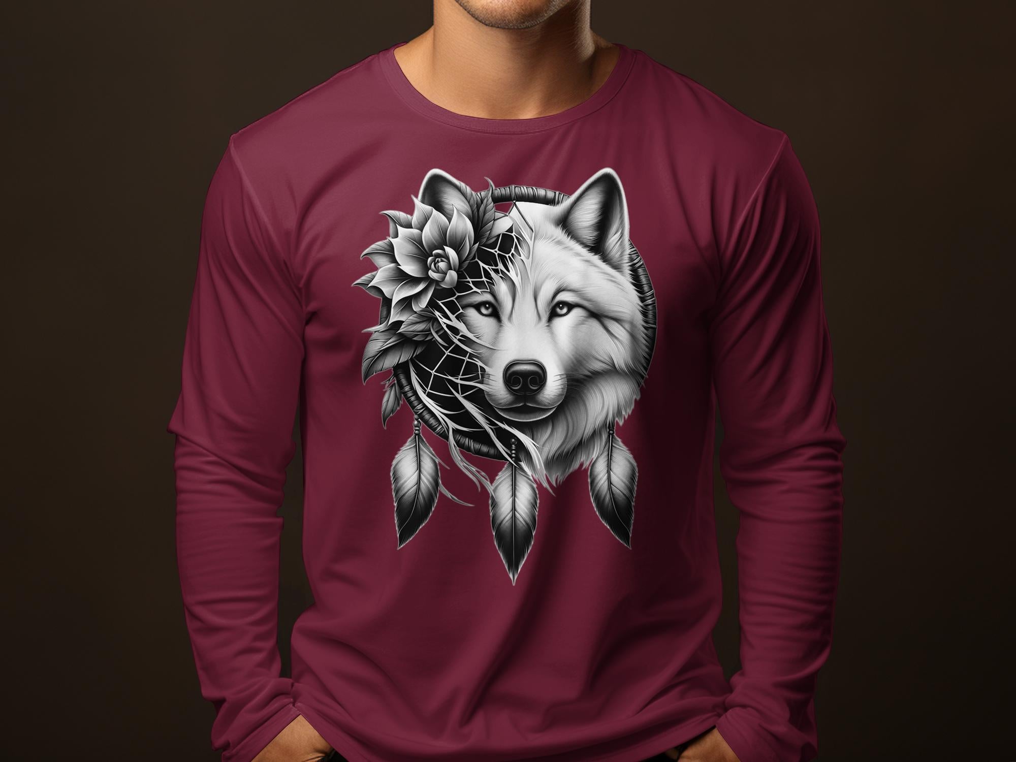 Dreamcatcher Wolf - Coloured Gildan Long Sleeve Realistic Native American Talisman Unisex Mythology Tee Graphic Design