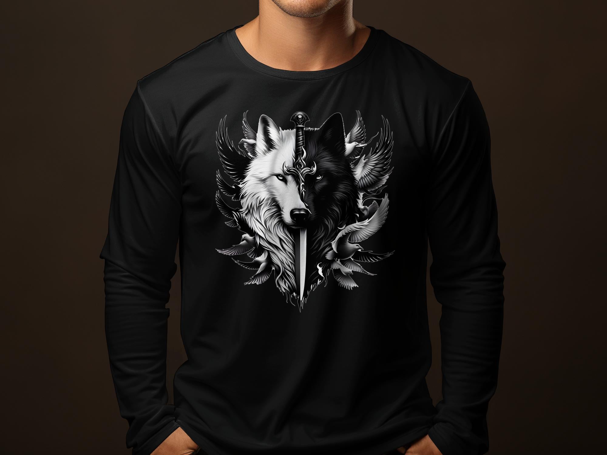 Wolf x Doves - Black White Gildan Long Sleeve Realistic Animal Talisman Unisex Tee Graphic Design