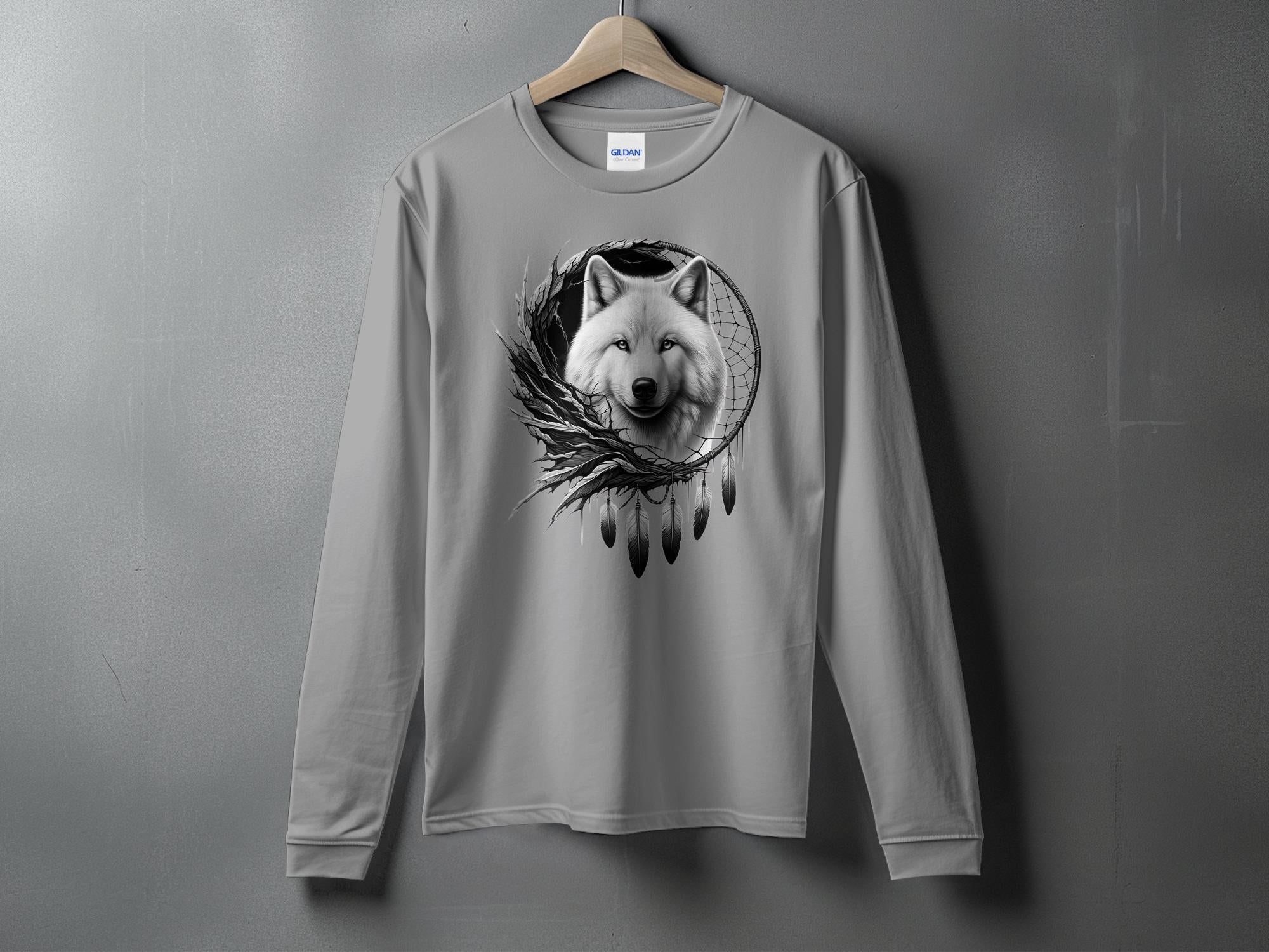 Dreamcatcher Wolf - Coloured Gildan Long Sleeve Realistic Native American Talisman Unisex Mythology Tee Graphic Design