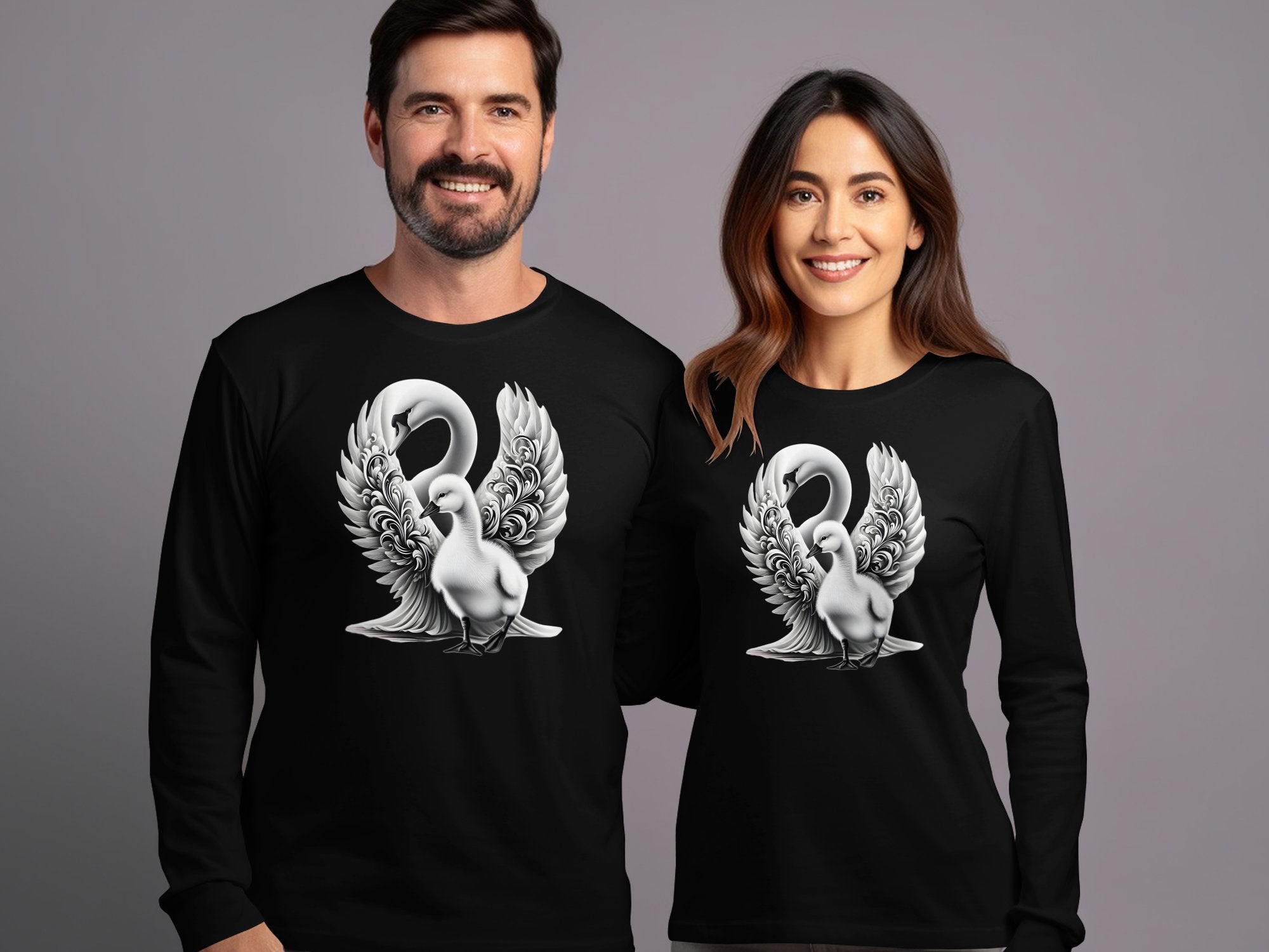 Swan & Cygnet- Black White Gildan Long Sleeve Realistic Family Talisman Unisex Tee Graphic Design