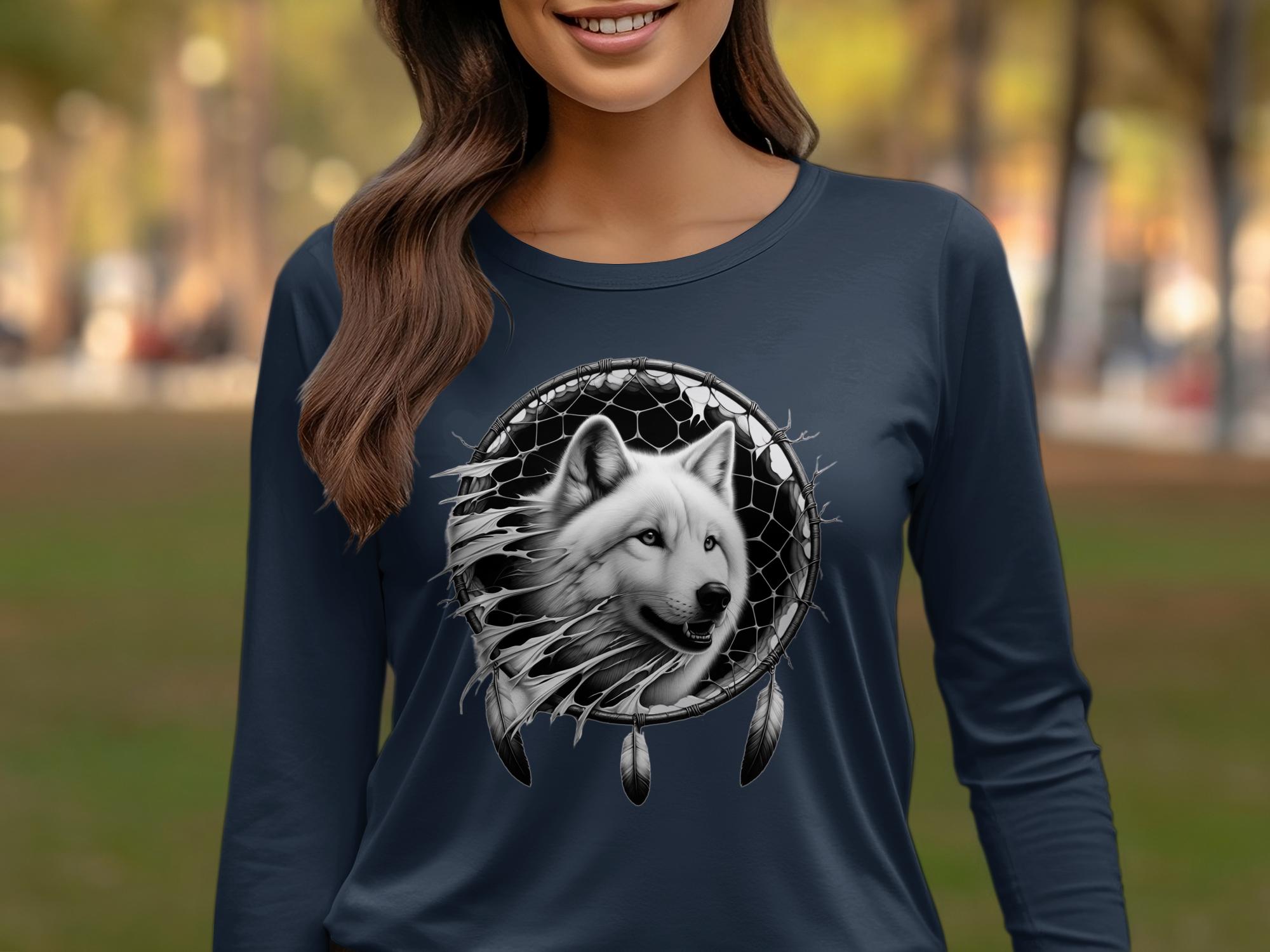 Dreamcatcher Wolf - Coloured Gildan Long Sleeve Realistic Native American Talisman Unisex Mythology Tee Graphic Design