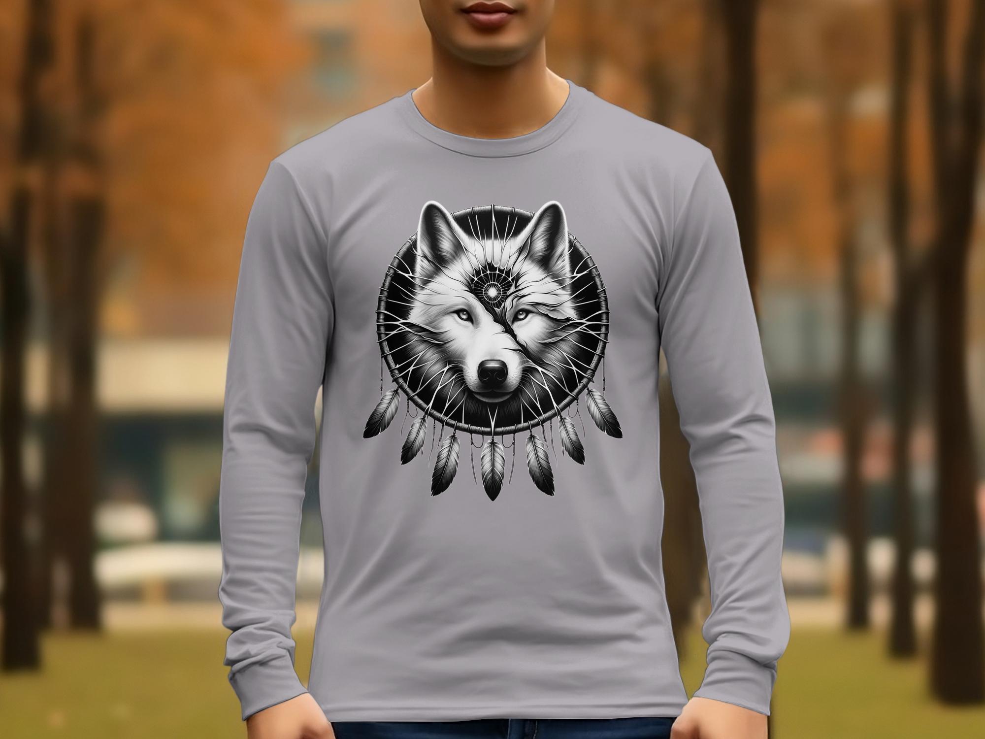 Dreamcatcher Wolf - Coloured Gildan Long Sleeve Realistic Native American Talisman Unisex Mythology Tee Graphic Design