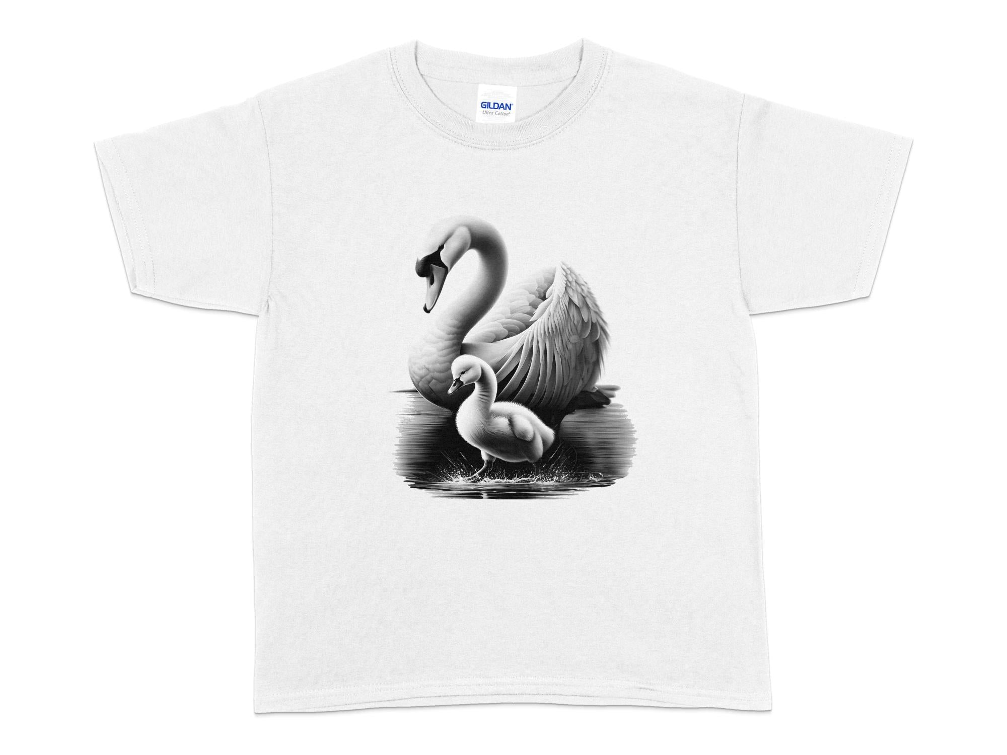 Swan & Cygnet- Black White Gildan Kids T-Shirt Realistic Family Talisman Unisex Tee Graphic Design