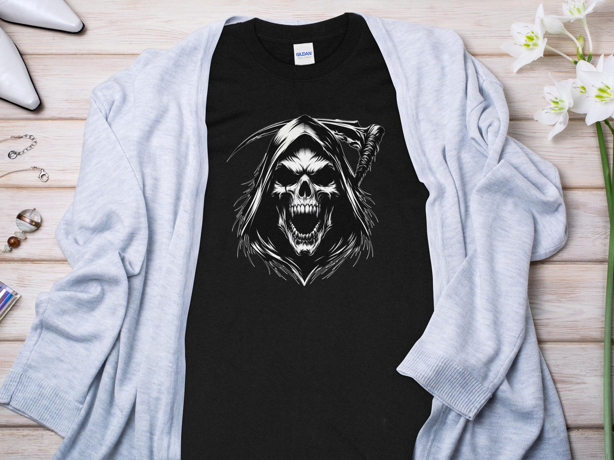 Grim Reaper - Black White Gildan Long Sleeve Commemorative Talisman Unisex Tee Graphic Design