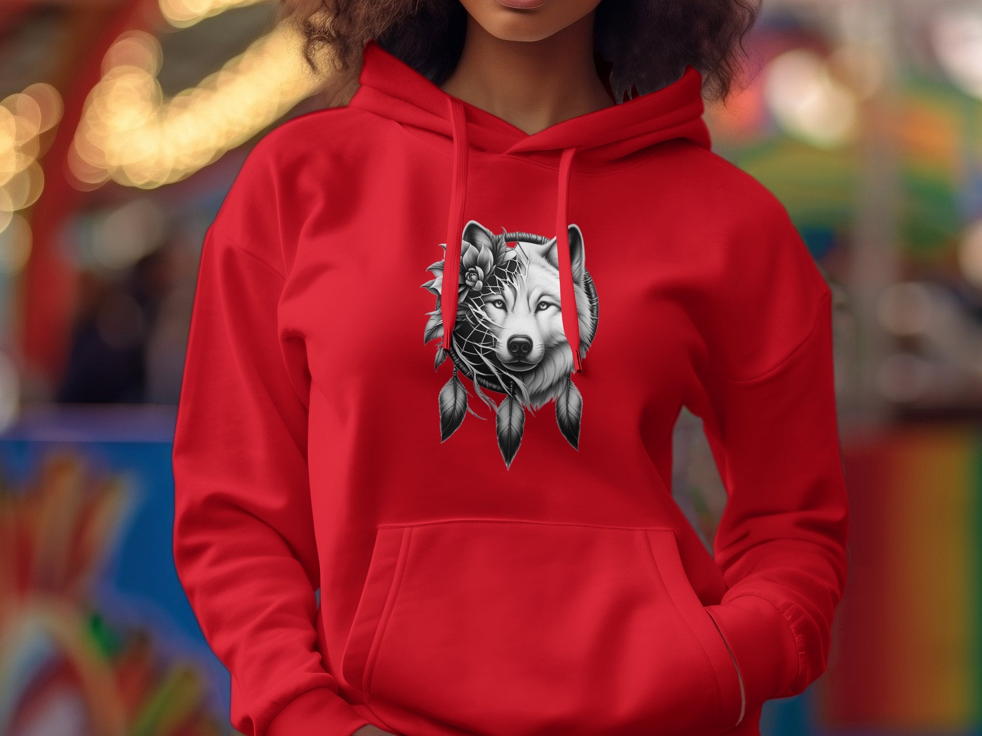 Dreamcatcher Wolf - Coloured Gildan Hoodie Realistic Native American Talisman Unisex Mythology Tee Graphic Design