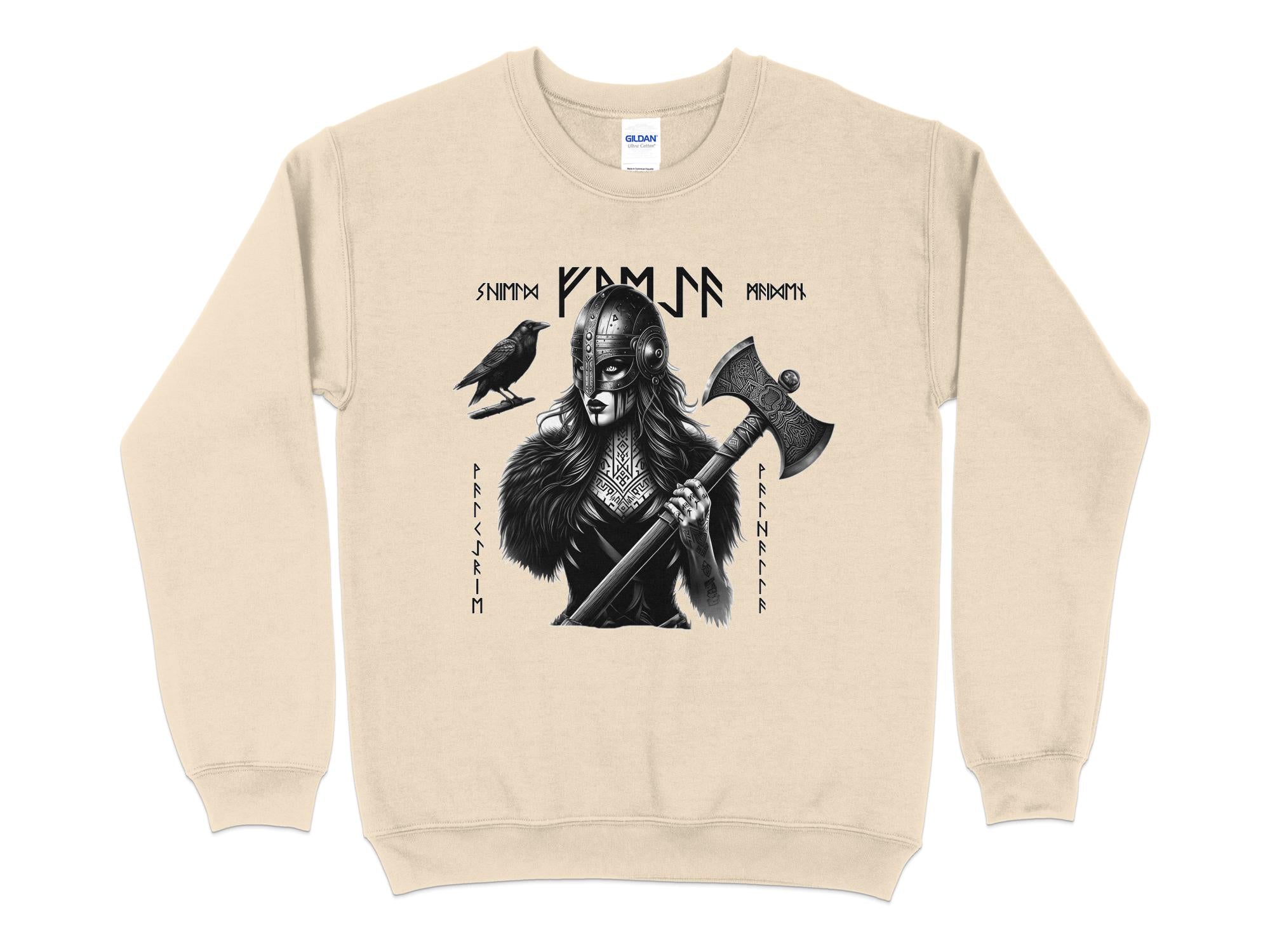 Viking Shield Maiden - Coloured Gildan Sweatshirt Realistic Norse Talisman Men Women Unisex Valhalla Tee Graphic Design