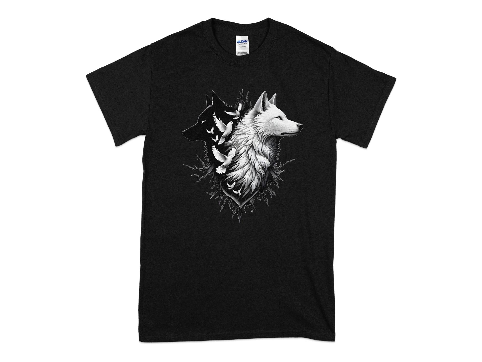 Wolf x Doves - Black White Gildan T-Shirt Realistic Animal Talisman Unisex Tee Graphic Design